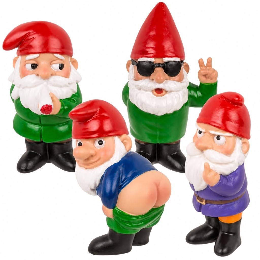 MIJOMA Zestaw bezczelnych krasnali ogrodowych – 4 mini krasnale z żywicy polimerowej ok. 4,5 x 7 cm – zabawne figurki dekoracyjne na biurko do roślin pokojowych, łazienki, na balkon, do biura