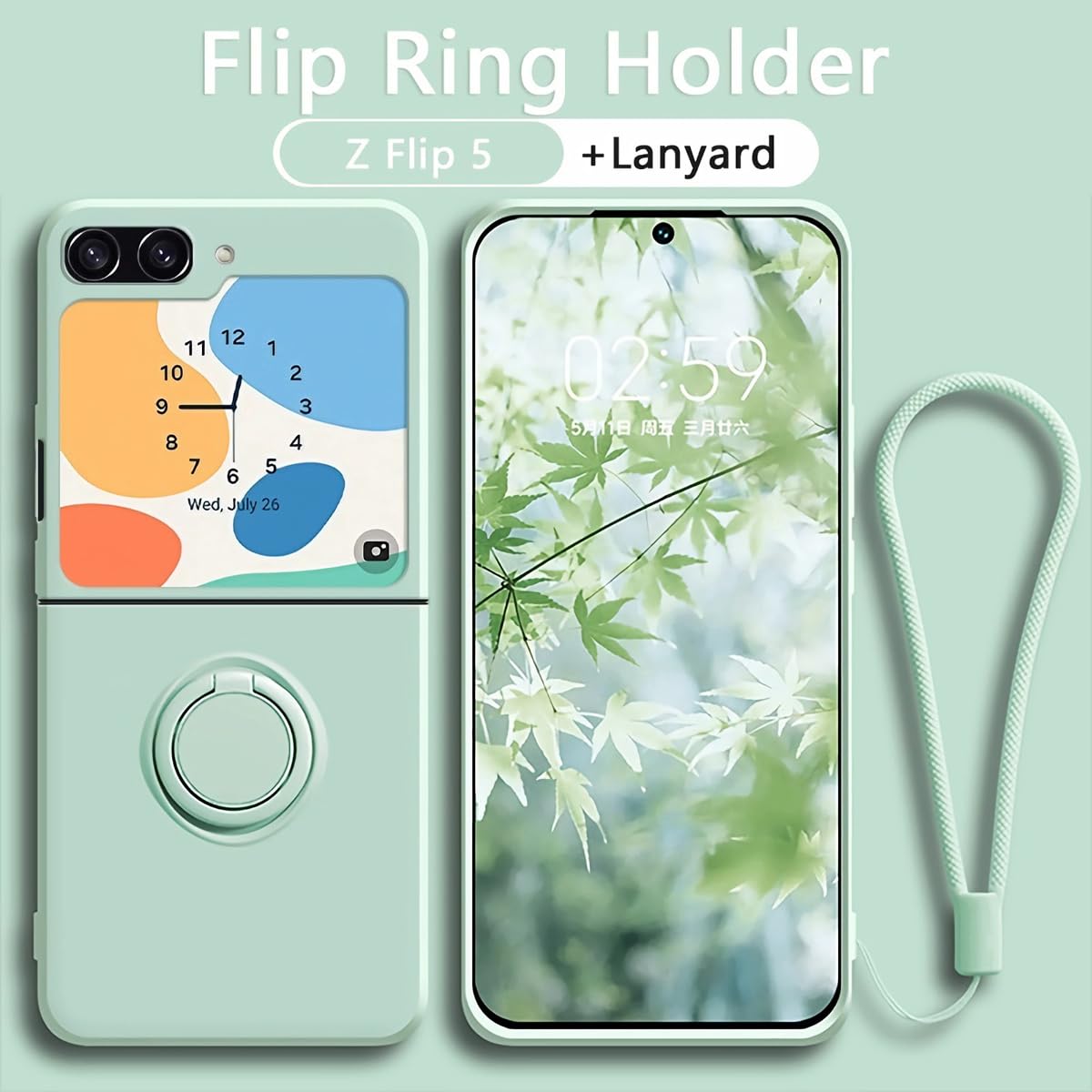 Keyihan Cover Compatibile con Samsung Galaxy Z Flip 5 con Supporto Anello a 360°Lanyard Cinturino da Polso Silicone liquido morbido Custodia Antiurto AntiGraffio Flessibile Slim (Verde menta)