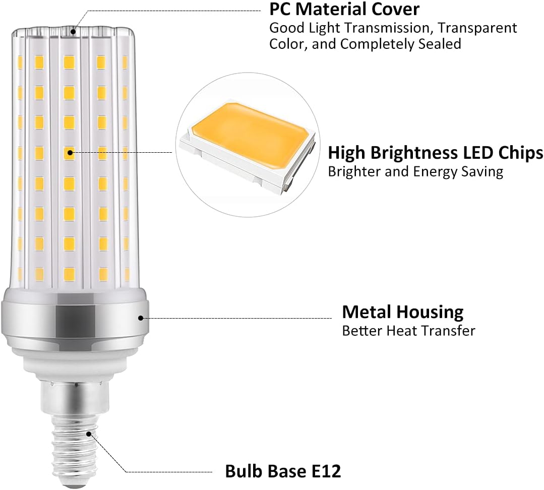 E12 LED Bulb, 20W Candelabra LED Light Bulbs 150 Watt Equivalent, Warm White 3000K, Ceiling Fan Light Bulbs,2000lm,Non-Dimmable,LED Chandelier Bulbs for Ceiling Fan,Home Lighting,4 Pack