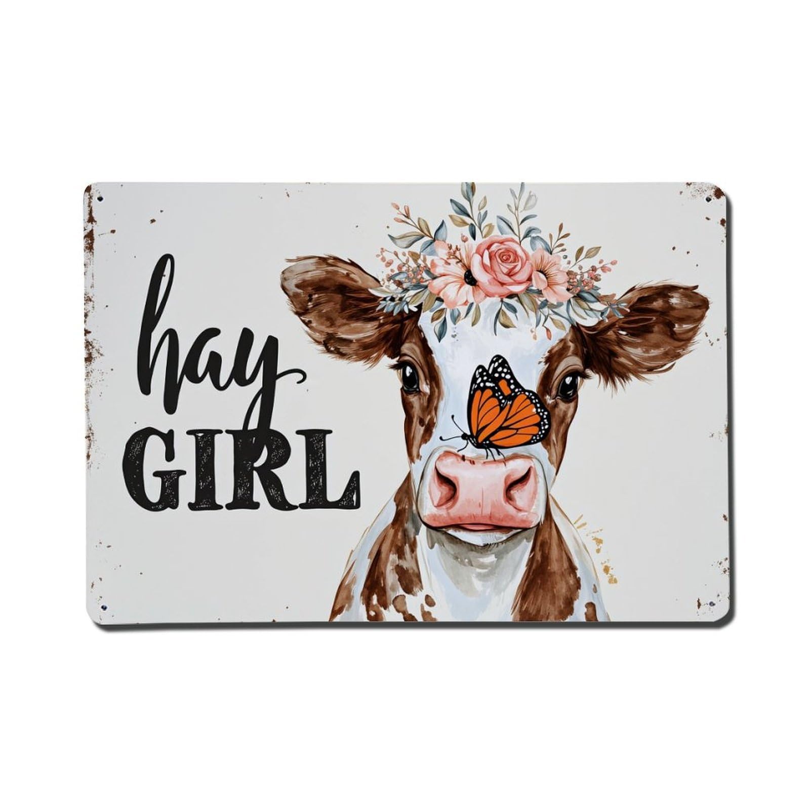 Enderetf Vintage Cow With Flowers And Butterfly On Nose Tin Sign Metal Poster, Home Bar Garage Man Cave Cafe Indoor & Outdoor Wall Decoration 8X12inches