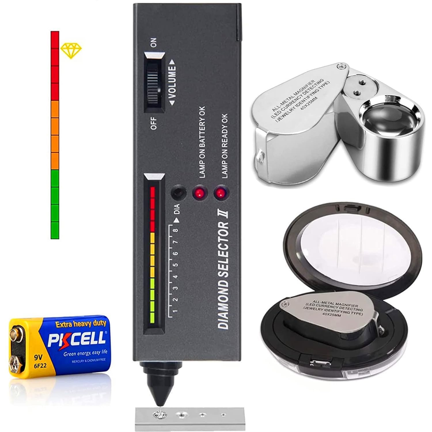 Morris Diamond Tester Pen Professional Jewelry Diamond Tester+40X25MM Illuminated Jewelry Loop Magnifier Diamond Selector for Novice and Expert, Thermal Conductivity Meter Ruby Gemstone Culti Tester