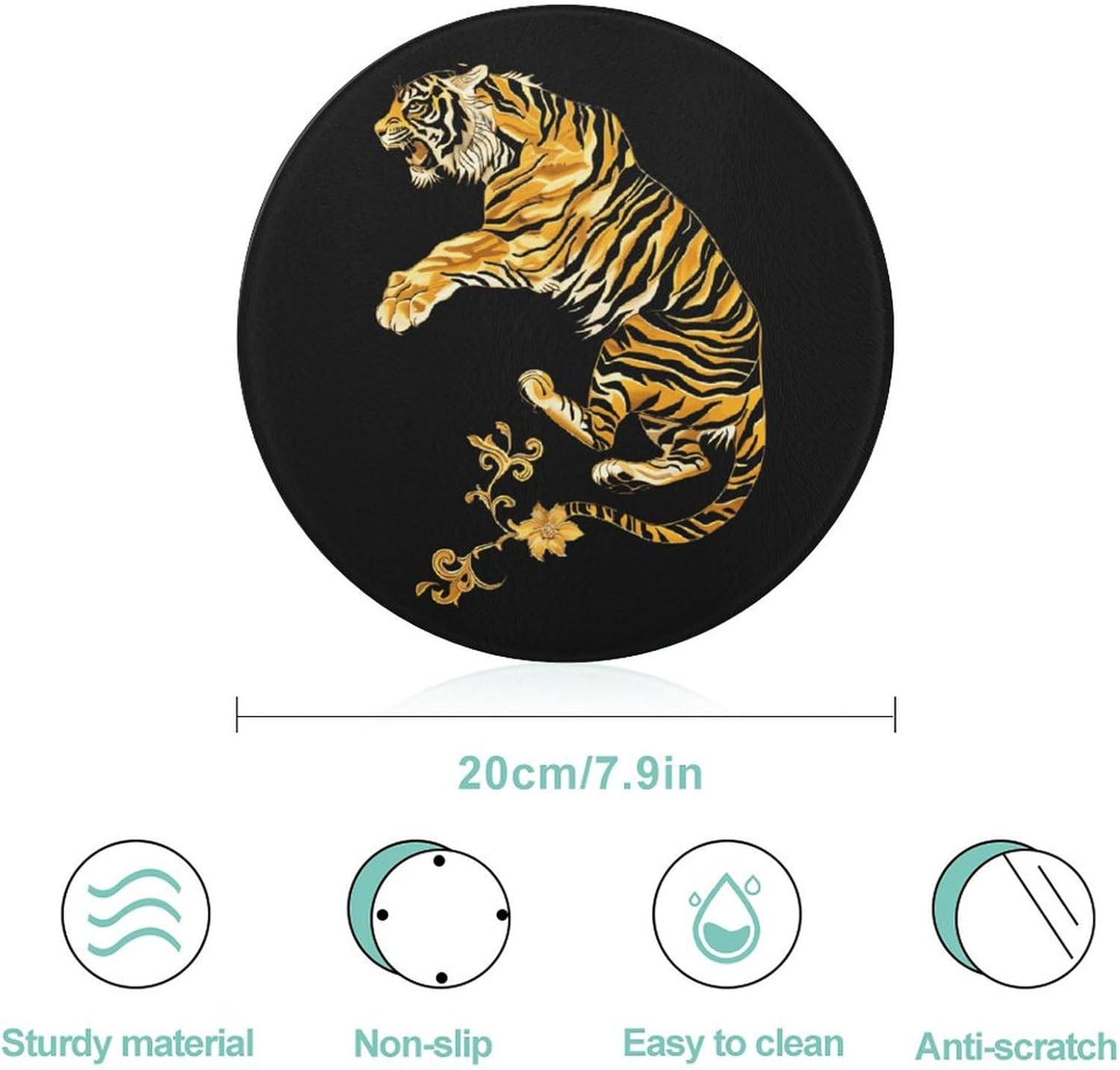 Gold Tiger with Floral Tail Kitchen Cutting Board Glass Chopping Block for Meat Vegetables and Fruits Ideal Home Gifts