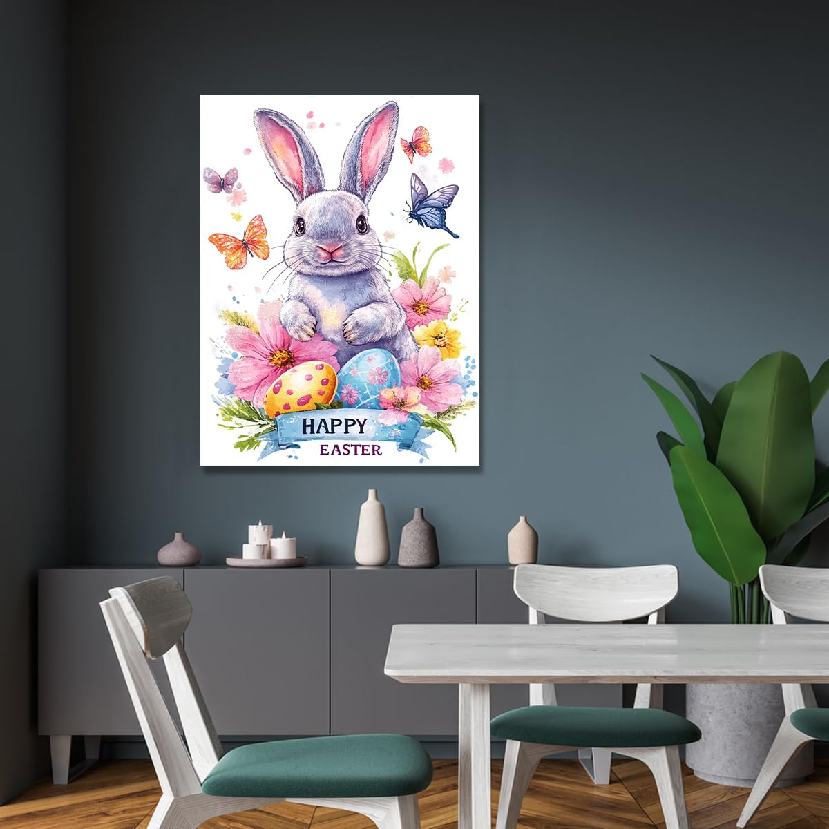 Estampado de huevos de Pascua con punteado de conejo en acuarela sobre patrones de lienzo Imágenes Ilustraciones navideñas mariposas para la decor de las escaleras del pasillo dormitorio 75x115cm