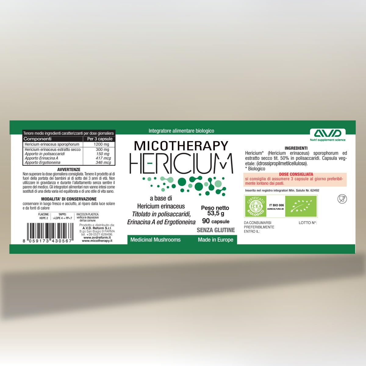 AVD REFORM | Micotherapy Hericium – Integratore con Hericium erinaceus da coltivazione biologica per il benessere gastrico e neurologico – 90 capsule – Prodotto in Italia