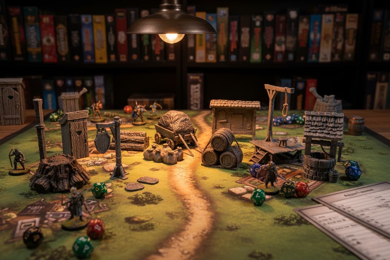Zestaw artykułów miejskich – kompletne akcesoria do D&D, Warhammer, studni, toalety, szyldy, tablica gazet, wózek