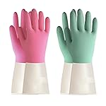 BOOMJOY Latex Cleaning Gloves, Heavy Duty Dishwashing Gloves, Reusable Medium Gloves for Kitchen, Bathroom, Gardening, Working, Pet Care - Green & Pink, 2 Pairs, Size M