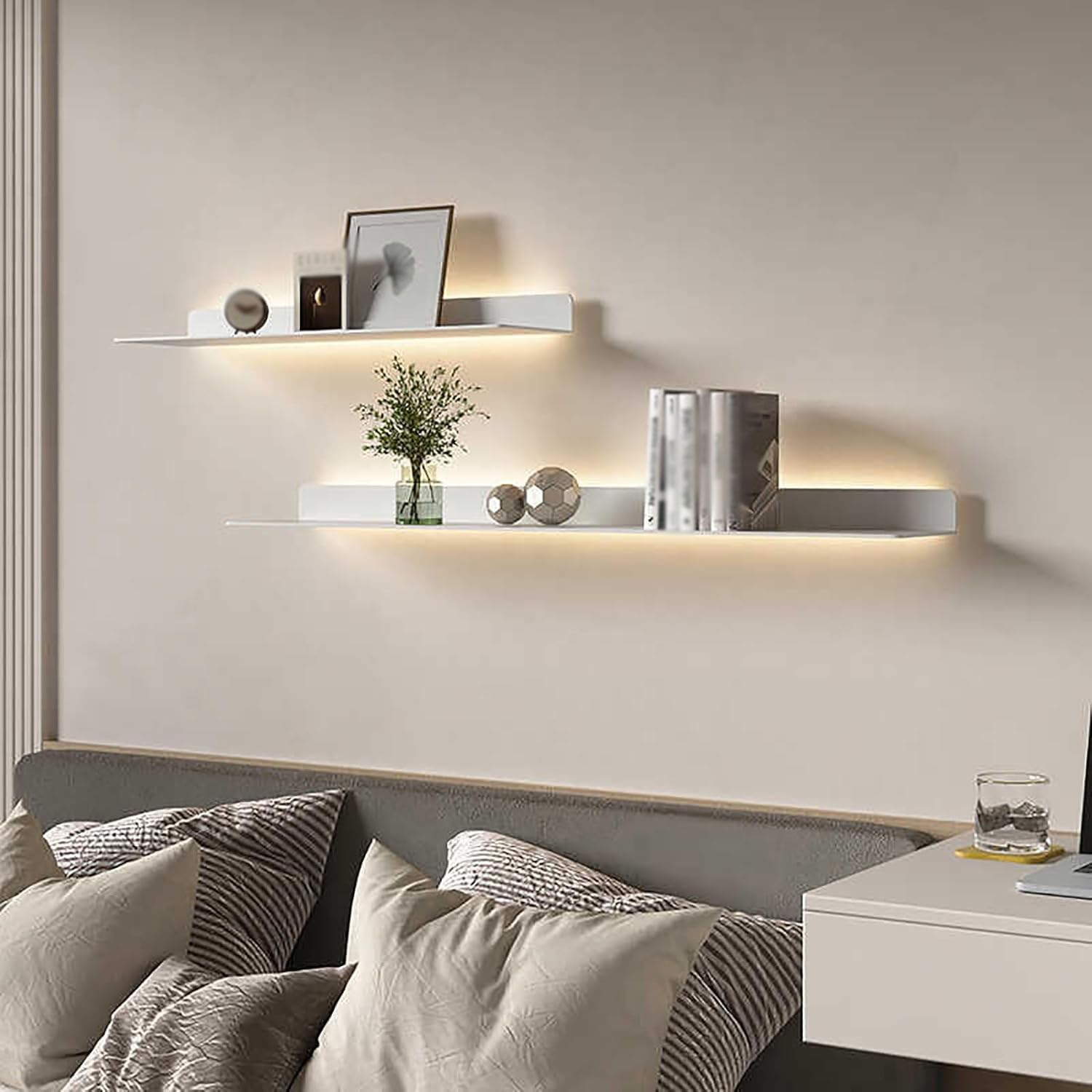 Étagères Flottantes Murales LED Blanches 150cm pour Salon Chic