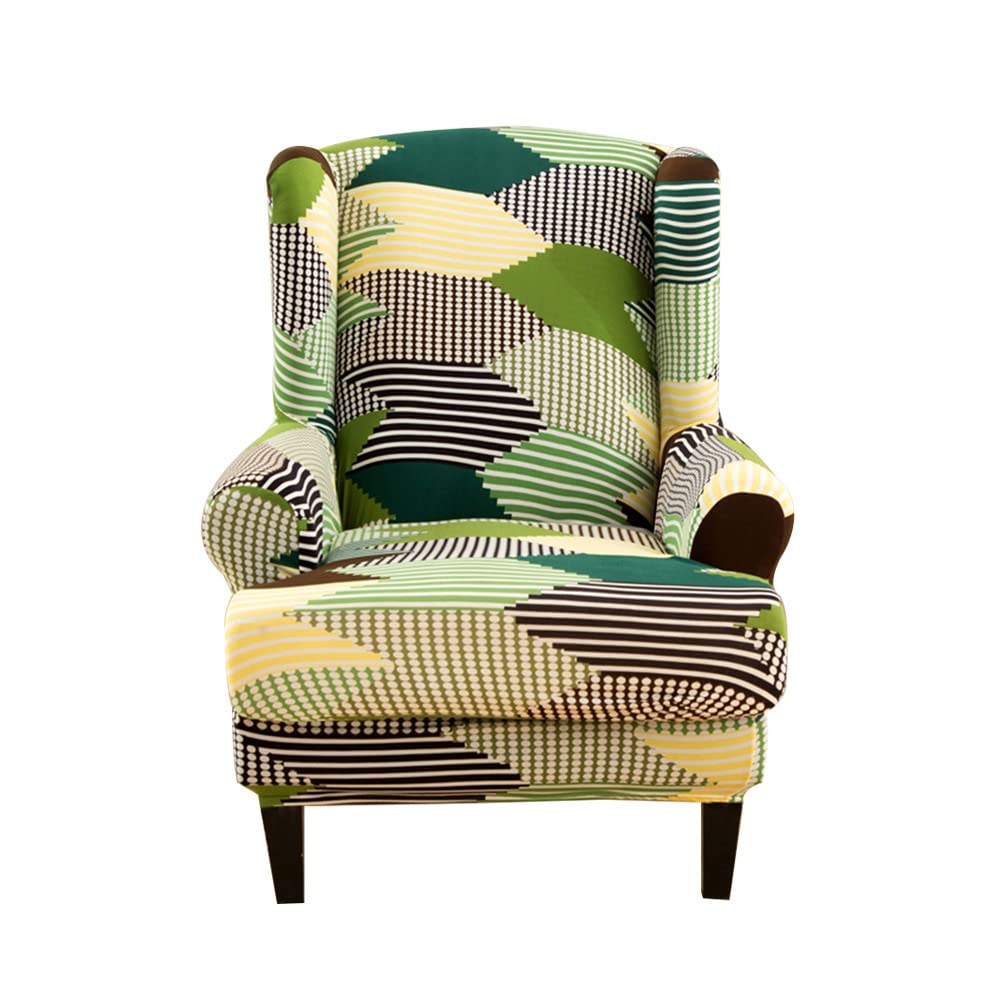 Highdi Green Geometry Wingback Chair Covers 2 Piece Stretch Wing Chair Slipcover, Washable Spandex Fabric Sofa Cover Furniture Protector For Armchair Chairs Living Room Bedroom Hotel (Green Geometry)
