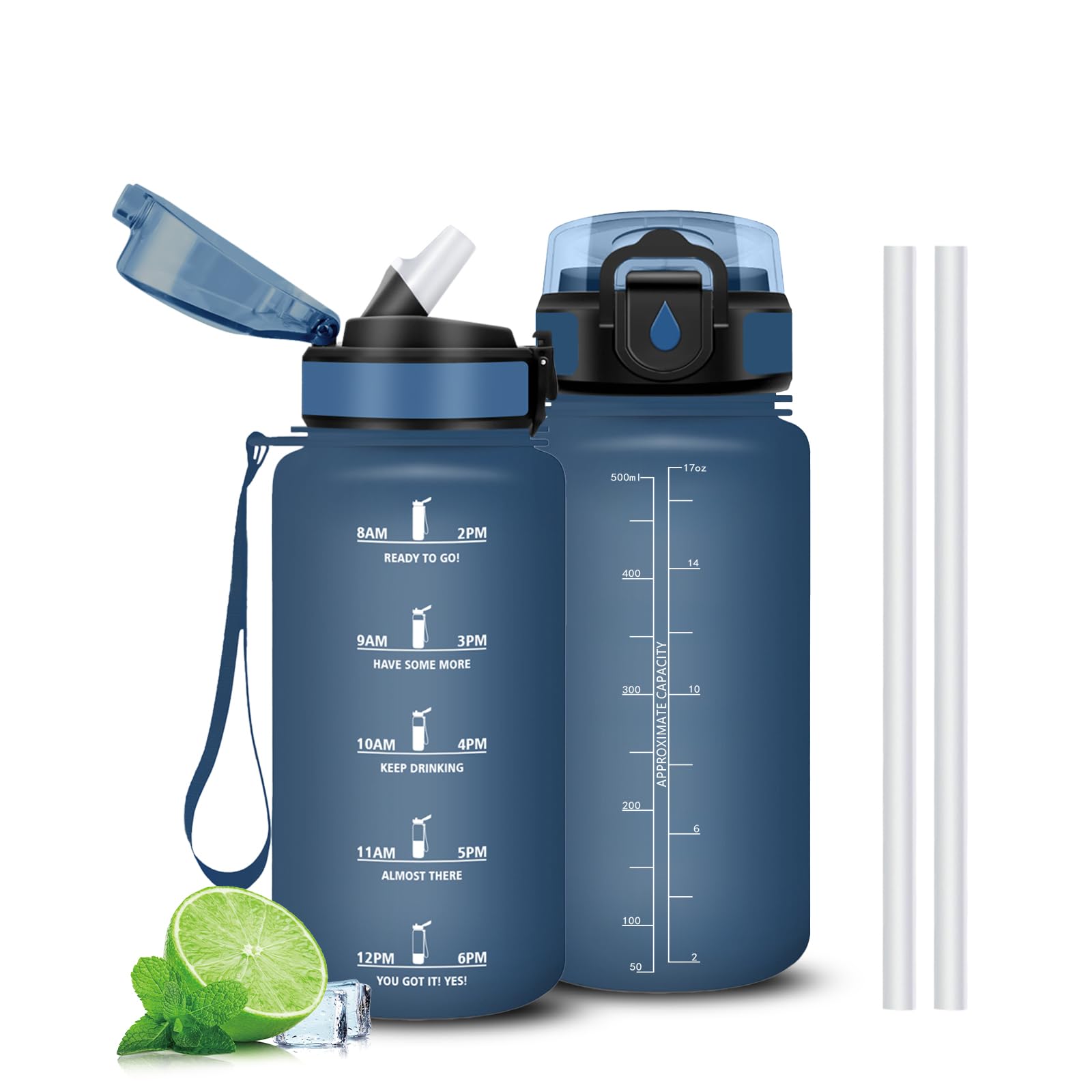 Mujigaga Water Bottle, 500 ml, Leak-Proof, Drinking Bottle with Straw, Secure Locking, Water Bottles with Time Marking and Lacing, Water Bottle for School, Hiking, Camping