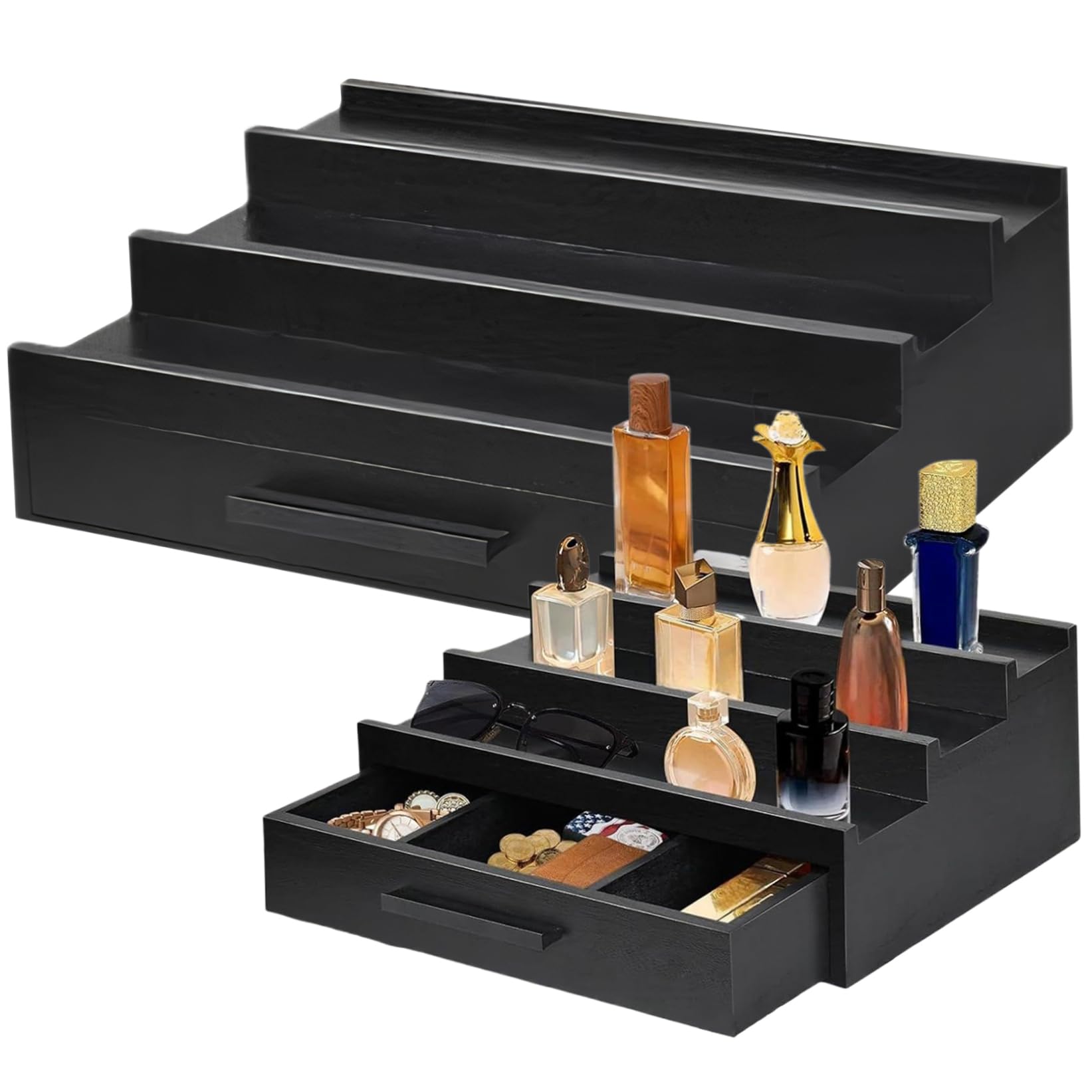 Organizador de perfumes, exhibición de Perfume de Madera Negra de 3 Niveles con cajón y Compartimento Oculto Minimalista y Elegante Organizador de Soporte de Perfume para Colonia, Desodorante, loción