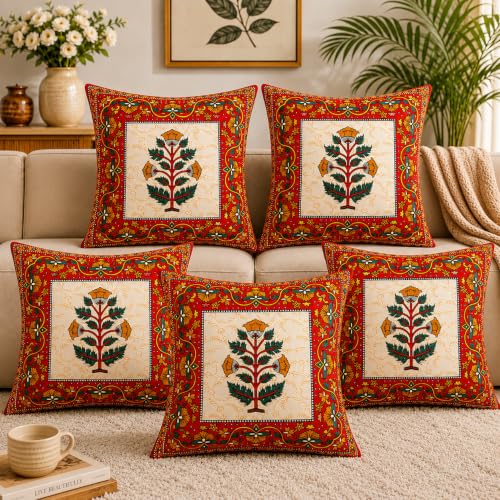 Best Decorative Cushion Covers: Cotton vs Velvet 27 Cotton Flora Printed Cushion Covers, Set of 5, 16x16 Inch, Red