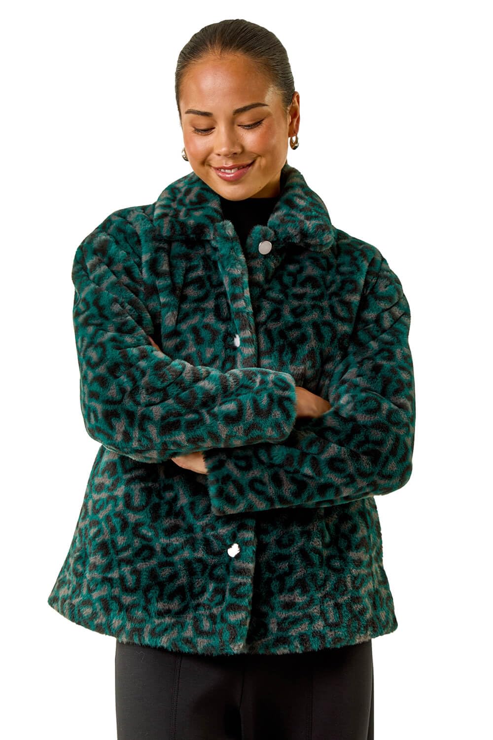 Roman Petite Leopard Faux Fur Coat for Women UK - Ladies Everyday Autumn Winter Collared Neckline Comfy Soft Evening Vacation Work Party Night Out - Petite Green - Size 12