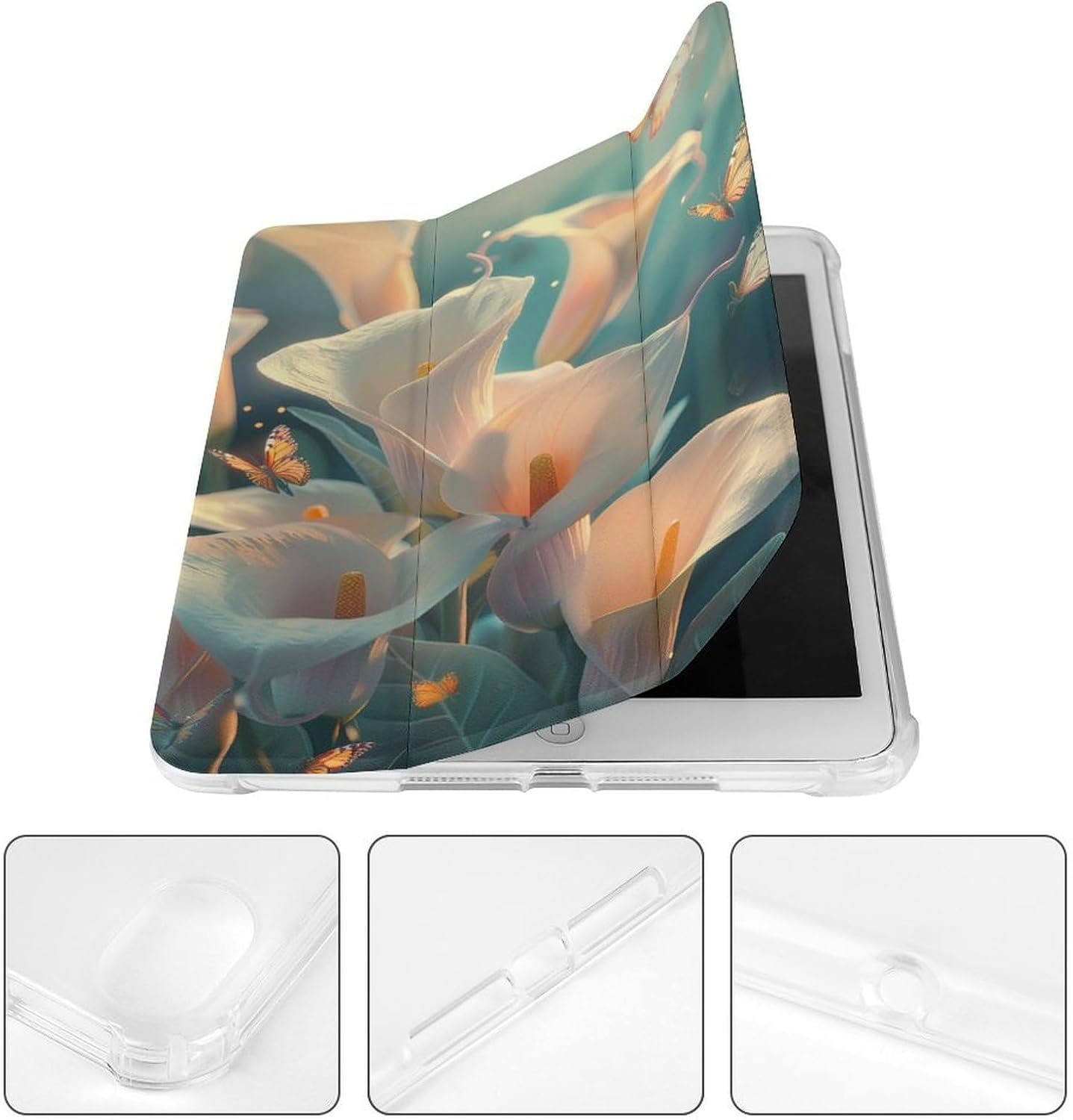 Calla Lilies Bouquet Butterfly Cute Case Compatible for Mini6（8.3in） Trifold Tablet Protective Cover with Pencil Holder