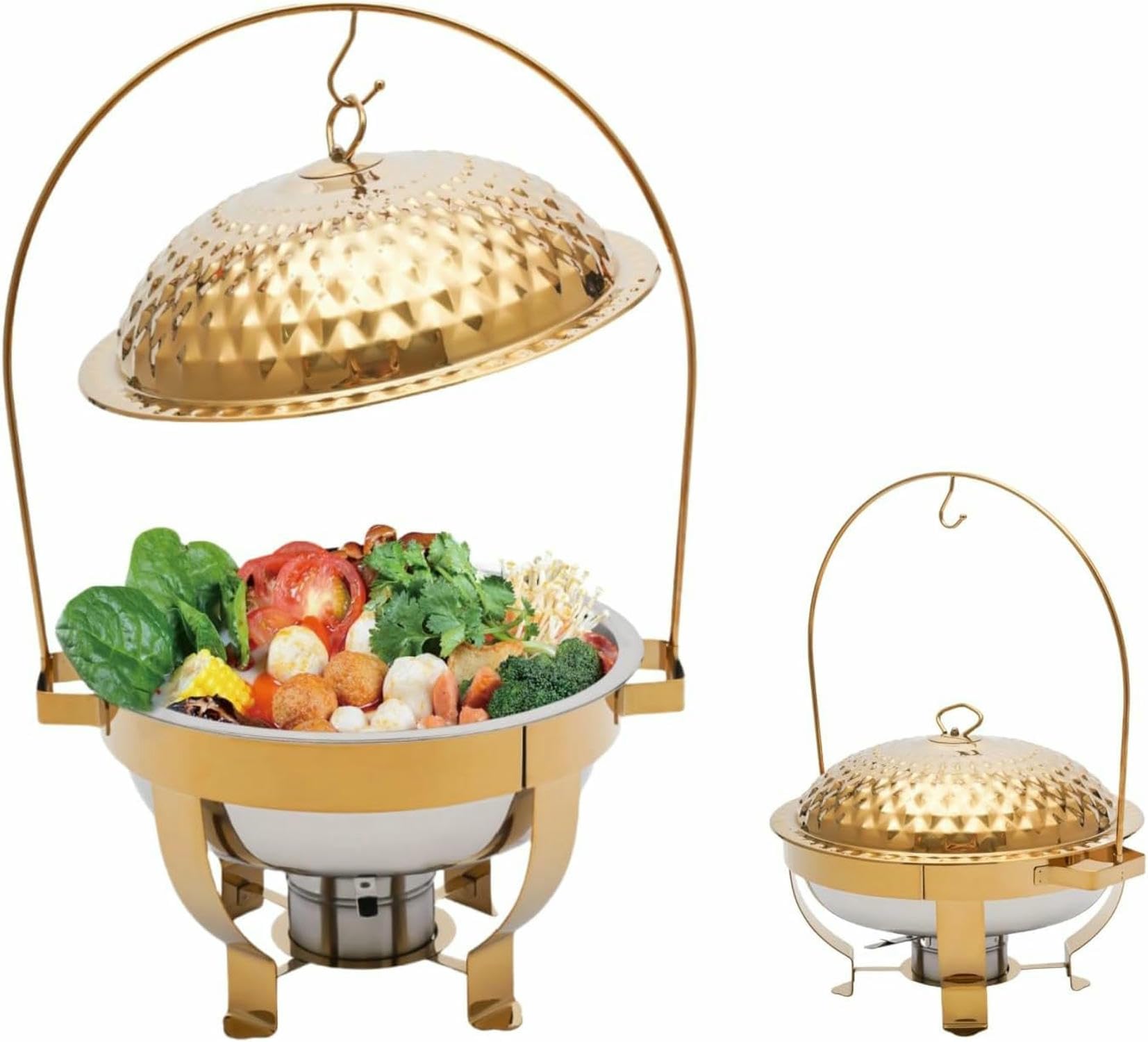 Scaldavivande rotondo in acciaio inox con coperchio sospeso, 8 QT, con bruciatore ad alcol per catering, matrimoni, feste, ristoranti e banchetti
