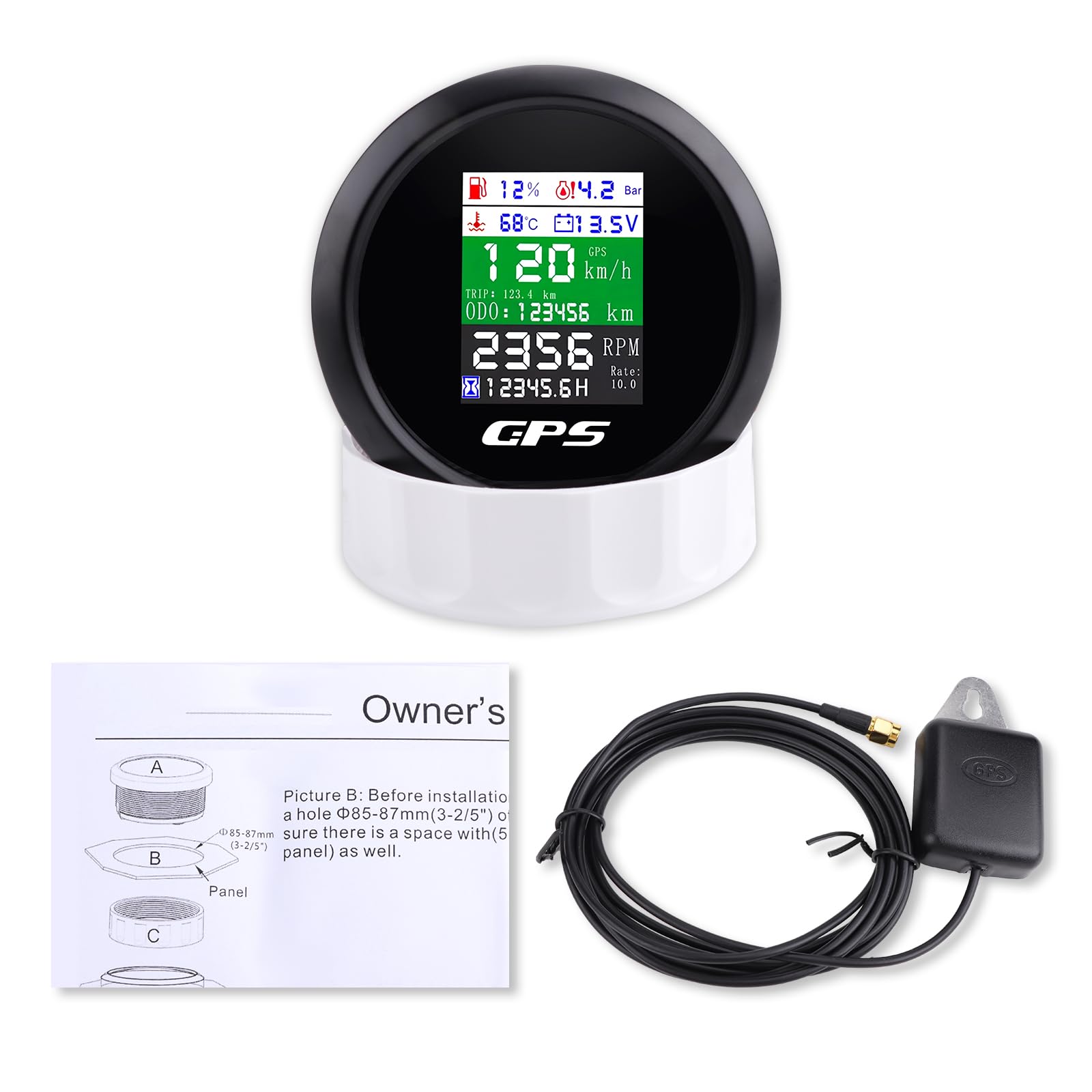 Tachimetro GPS 85 mm 6 in 1 Multifunzione Digitale Tachimetro Contagiri Voltmetro Indicatore Livello Carburante Temperatura Acqua e Pressione Olio