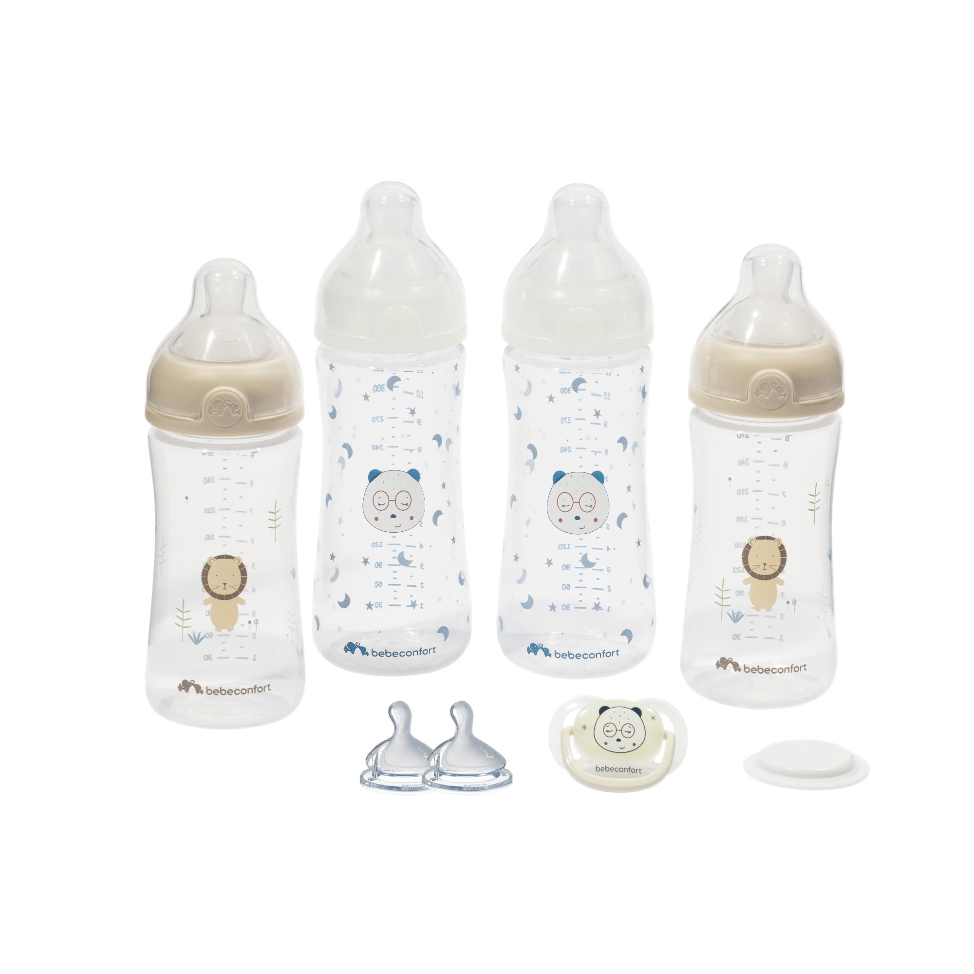 Bebeconfort Kit Biberon Neonato Physio Air Cresce-con-Me, Biberon Anticolica, 0+ mesi, Include 4 Biberon Neonato, 3 Misure di Tettarelle, Succhietto Anatomico, Design che si illumina al buio