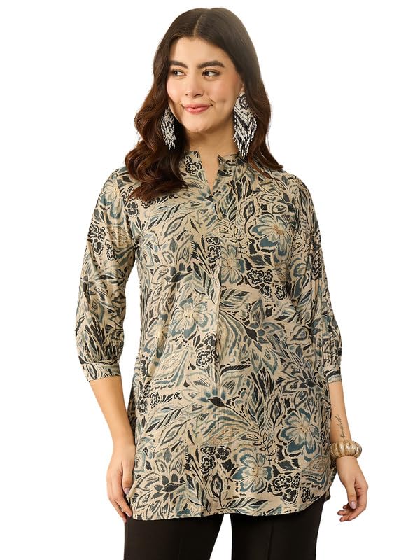 Image of Vaamsi Women's Blue Silk Blend Floral Printed Top | Western Tops for Women