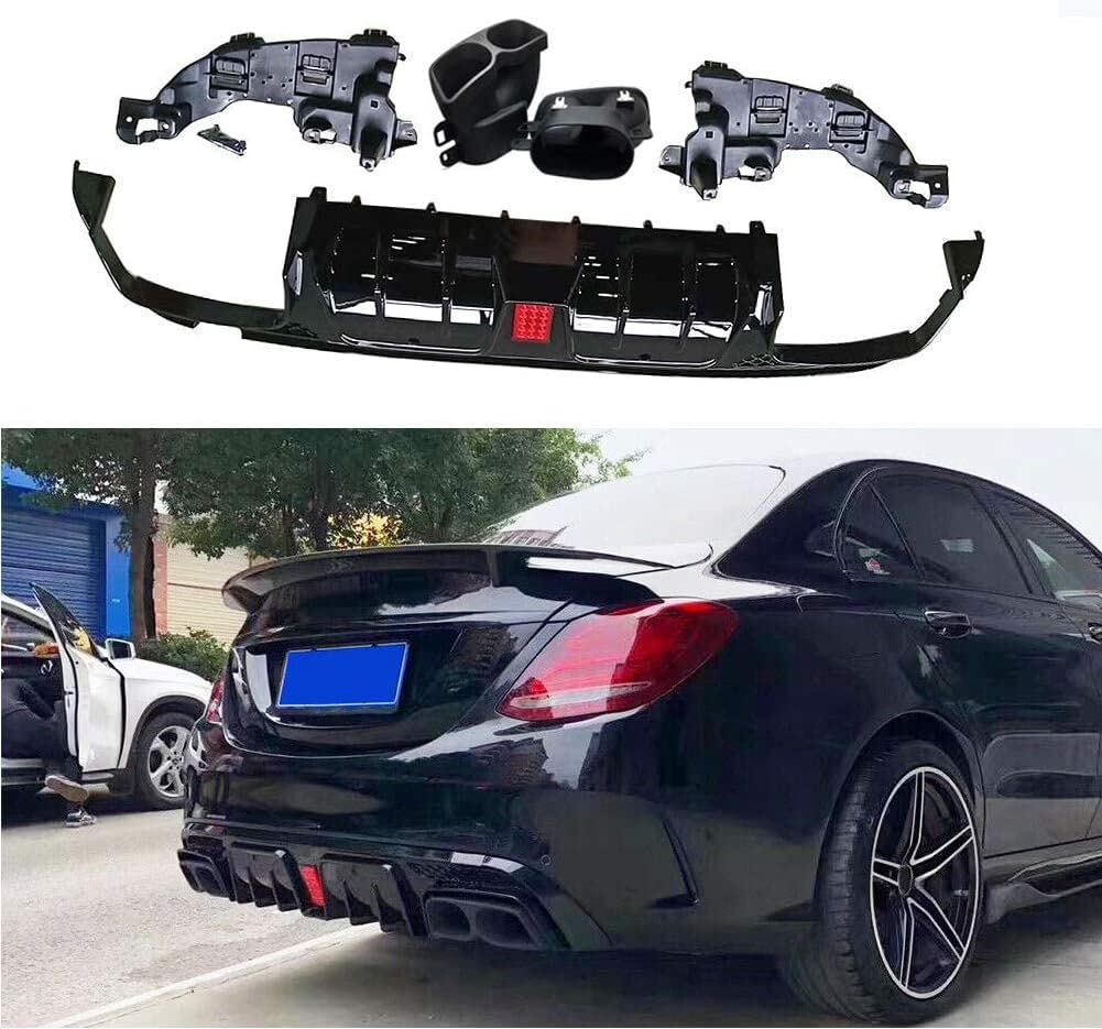 W205 Diffuser For Mercedes Benz C Class W205 C300 Sport & C43 C63 AMG Sedan 2014-2020 PP Rear Bumper Diffuser Lip Spoiler W/Exhaust Tips Gloss black