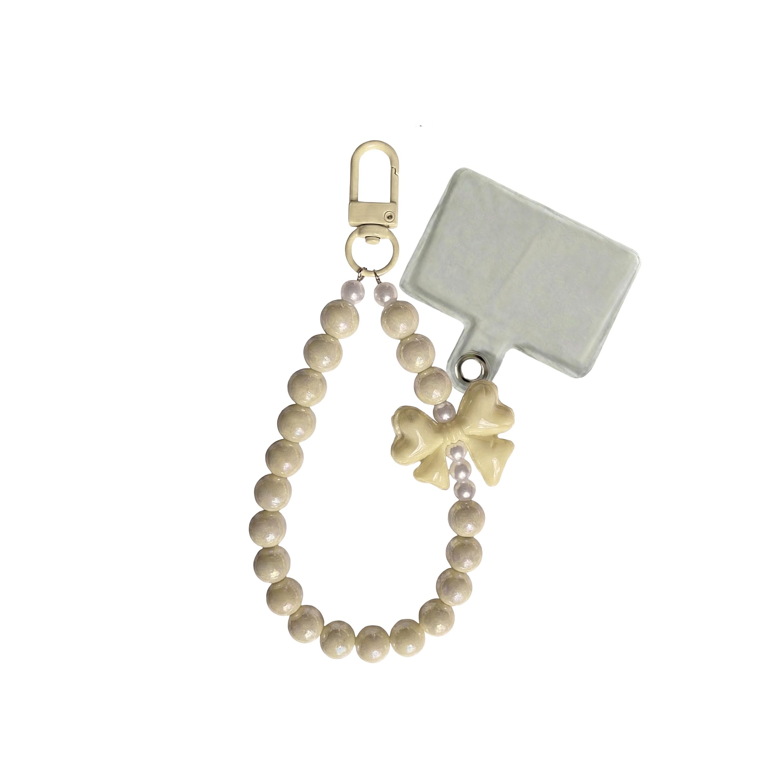 Cute Bow Yellow Kawaii Bow Pearl Charm Keychain Wristlet for Keys Bow knot Beads Keychain Charm for Women Girls Bag Charms for Handbags Backpack(Comes with Phone Connector Card)| Design 5 (Yellow)-image-9