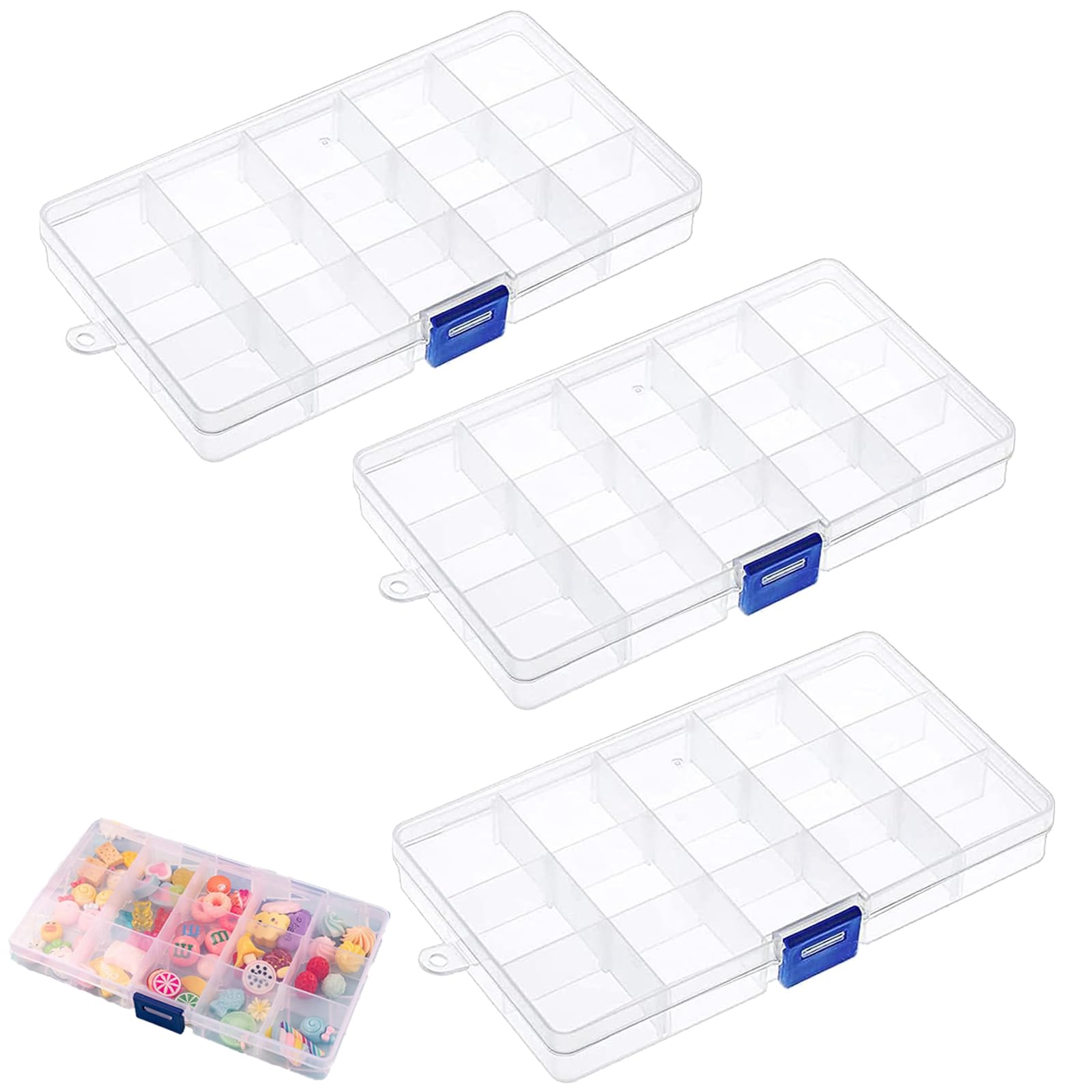 Yunfeen Transparent 3 Pcs 15 Grids Bead Storage Box With Compartments, 15 Grids Plastic Jewellery Organisers, Small Organiser Box, For Jewelry, Beads, Diy Diamond, Small Parts( 17.5 * 10Cm)