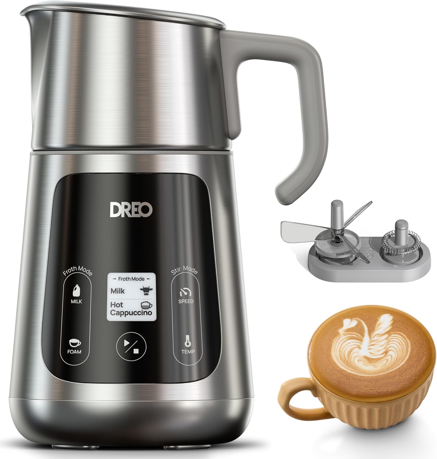 Dreo All-in-1 Milk Frother, Electric Foam Frother for Latte Art Microfoam and Coffee, 15oz/450ml Automatic Milk Warmer with 30 Drinks, Dishwasher Safe, Dairy/Plant-Based Milk