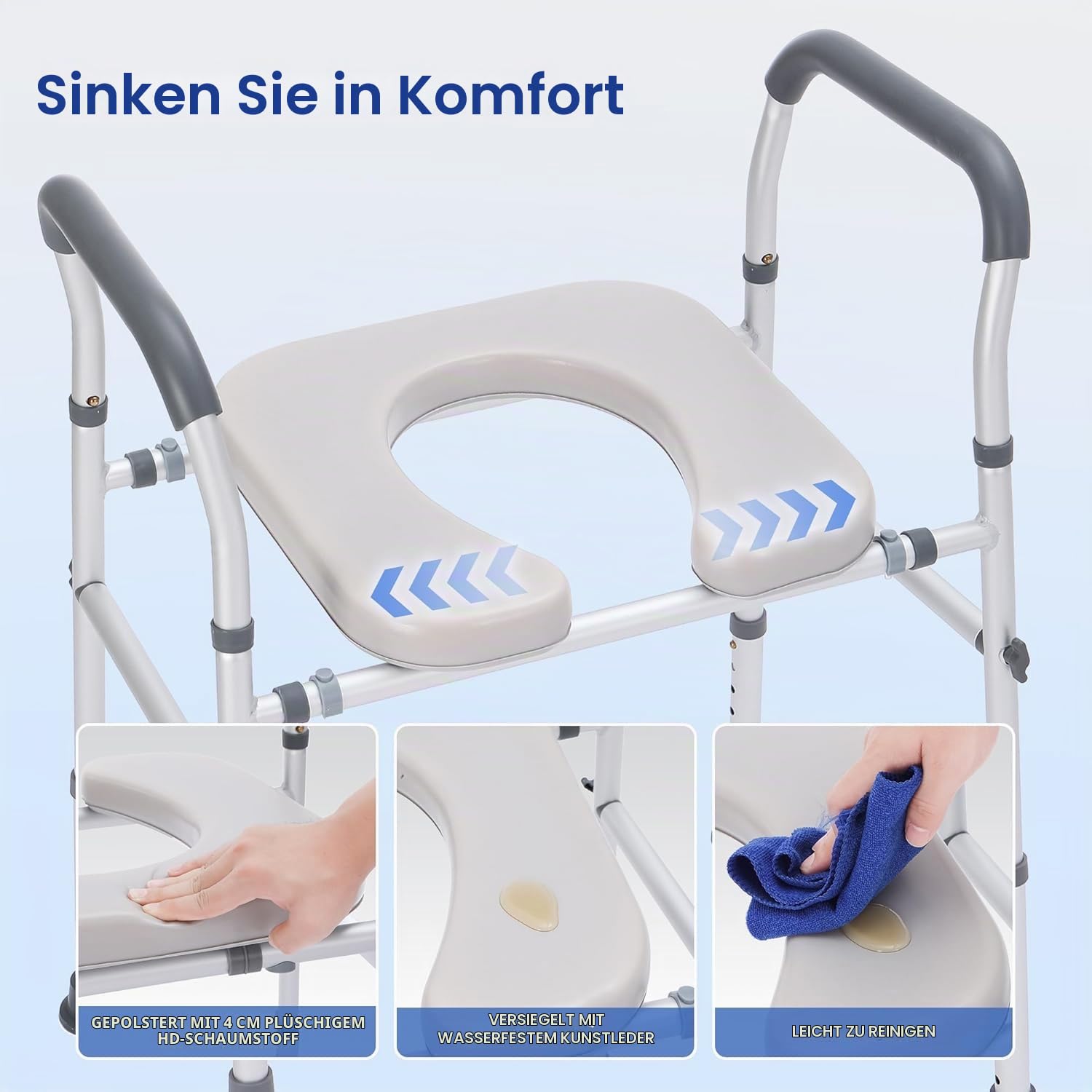 ToilettensitzerhöHung mit Armlehnen, WC Sitzerhöhung mit Höhenverstellbaren, Aufstehhilfe Toilette für Senioren, Tragfähigkeit 160 kg