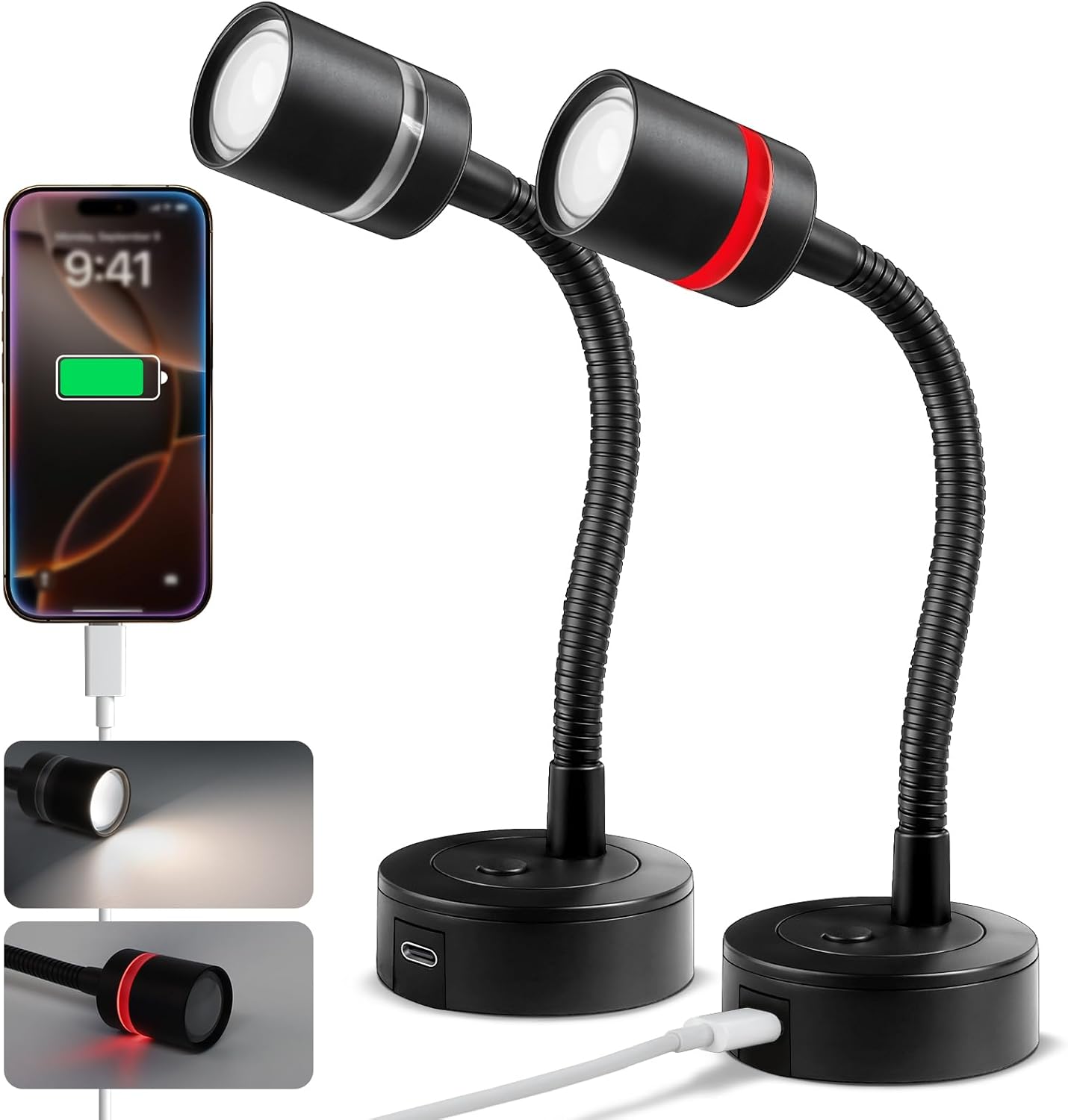 acegoo 12V LED Reading Light, RV Dimmable Reading Lamp with 20W USB-C Charger Red Nightlight & Steel Flexible Neck Light for Boat Camper Van Trailer Interior, Surface Mount, 2-Pack (Standard)