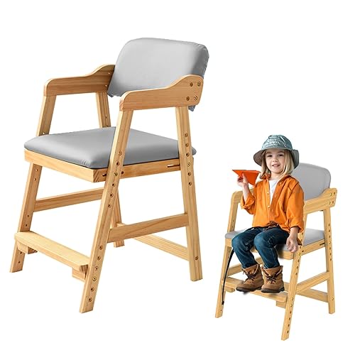 Silla alta de madera para niños pequeños, silla alta ajustable con cojín impermeable de alto rebote para niños pequeños a adolescentes, silla de