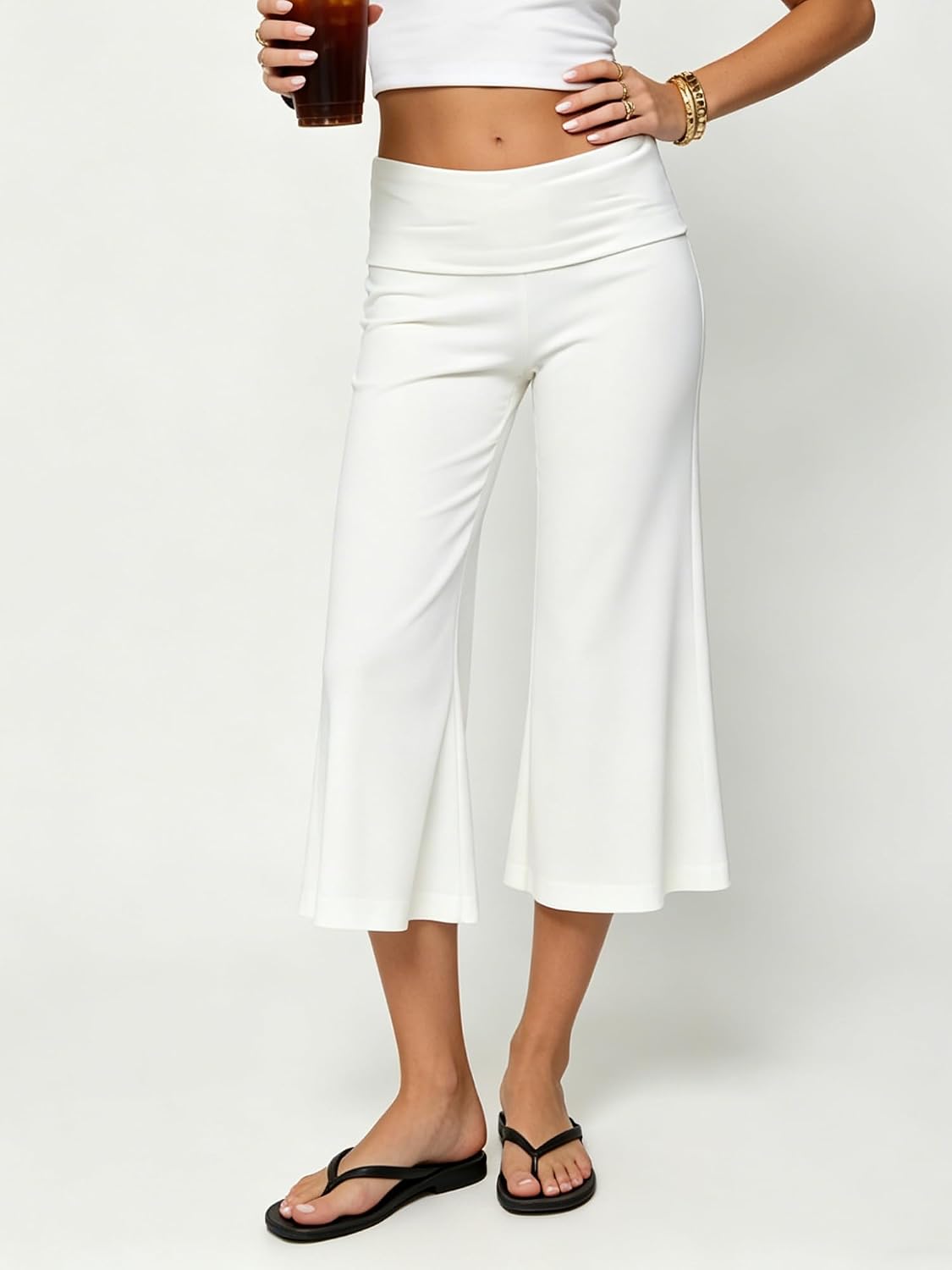 Women Fold Over Capris Casual Lounge Loose Low Rise Wide Leg Cropped Yoga Pants Comfy Y2k Bottoms