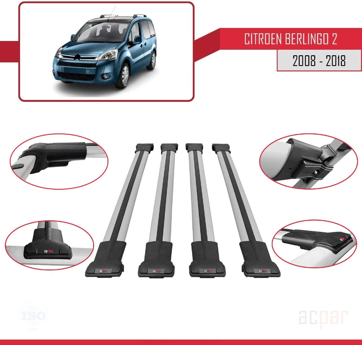 Compatible with Citroen Berlingo 2008-2018 Cross Bar Fly Model Car Roof Rack Cross Bar 4 Bars Grey