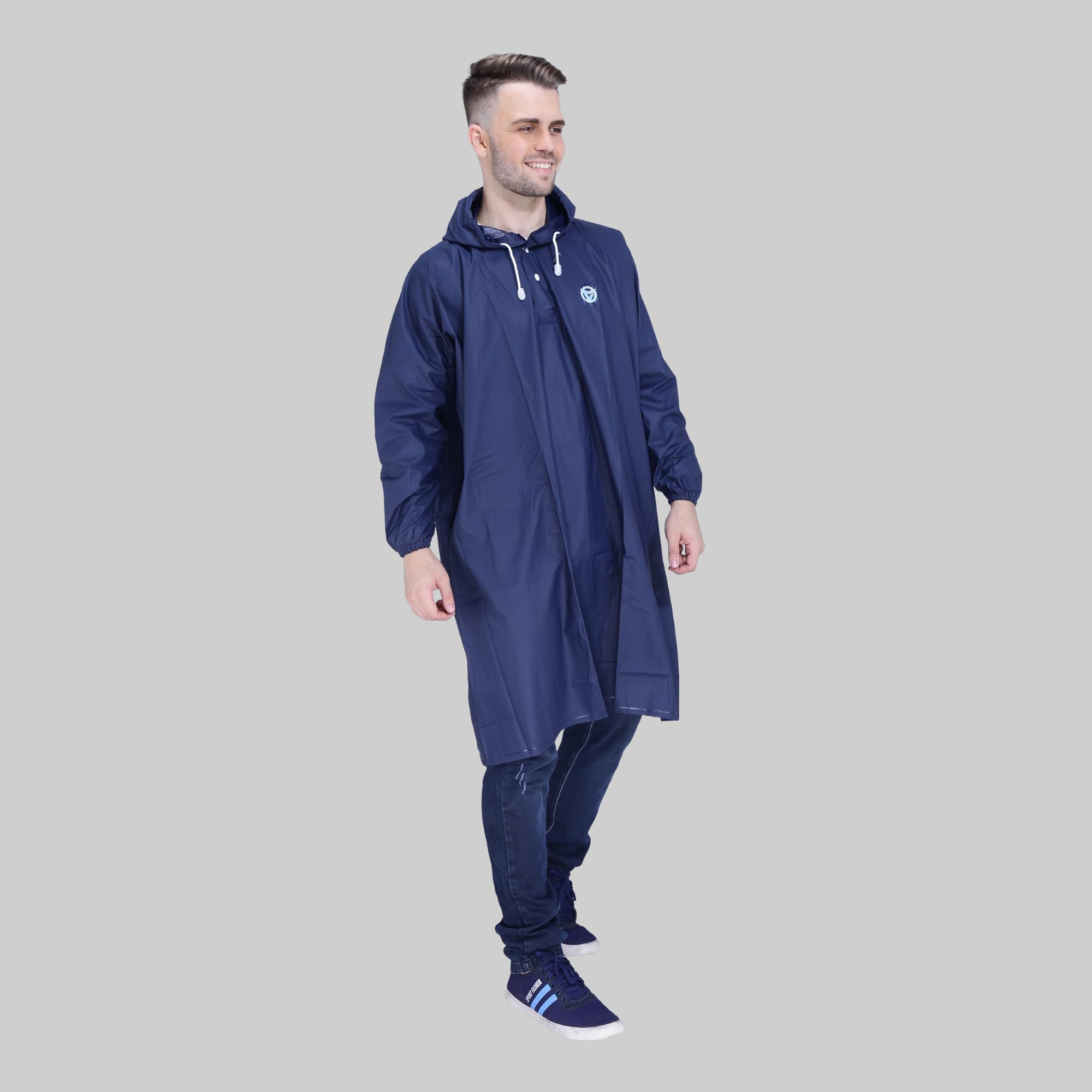 VARSHA Unisex PVC Waterproof Rain Poncho for Adult, Reusable Raincoat with Adjustable Hood and Elasticated Cuffs, One Size Fits All Rain Poncho Black & Blue (IN, Alpha, Free Size, Blue)