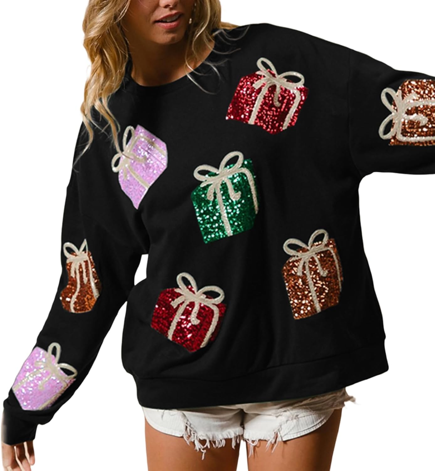 Adoeren Women Christmas Glitter Sweatshirt Sequined Sleeve Crewneck Pullover Top Graphic Funny Xmas Holiday Santa Shirts