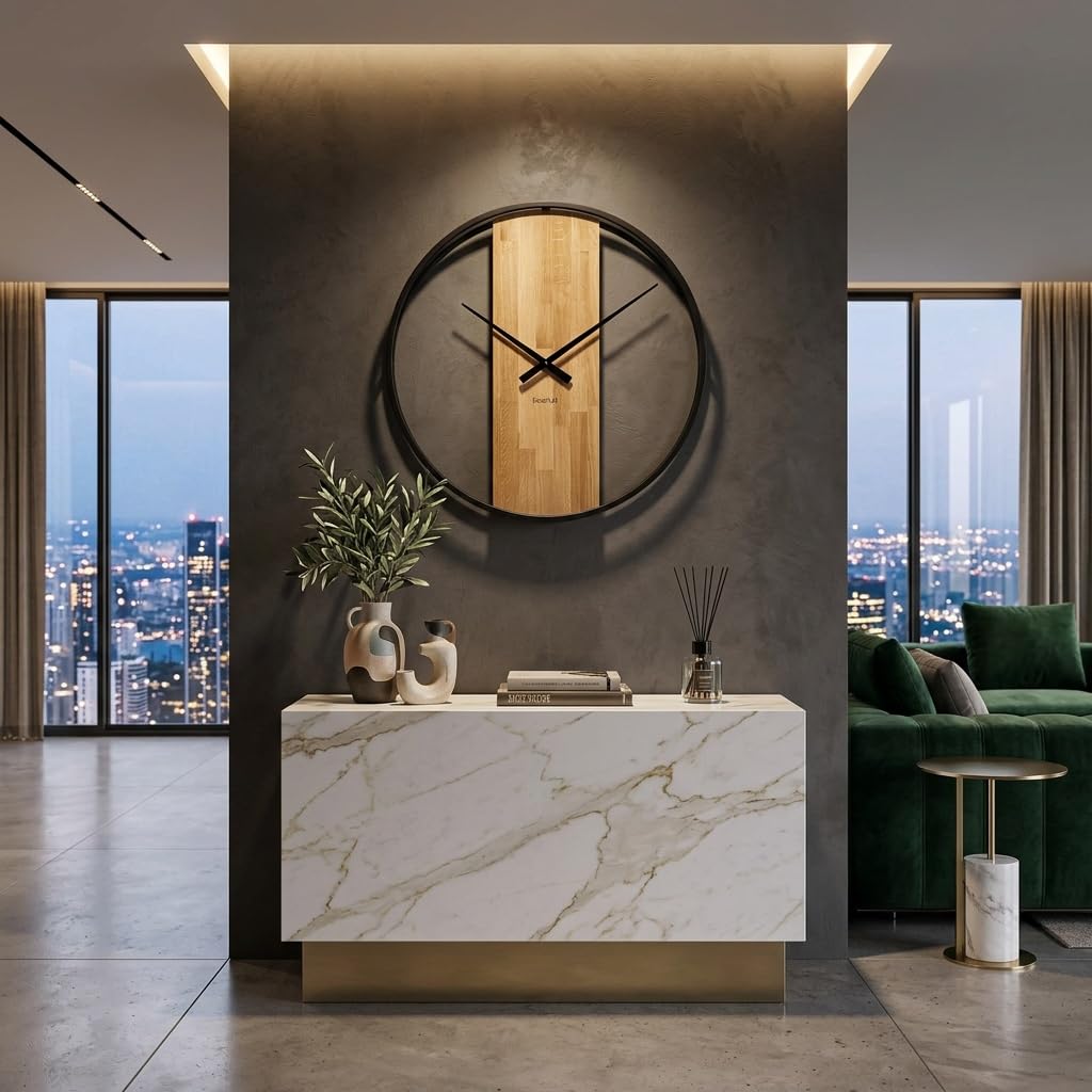 FLEXISTYLE Wanduhr groß ohne tickgeräusche LOFT OVAL Metall schwarz 3D XXL modern Holz Badezimmer Wohnzimmer (80cm Durchmesser) Natur Eiche
