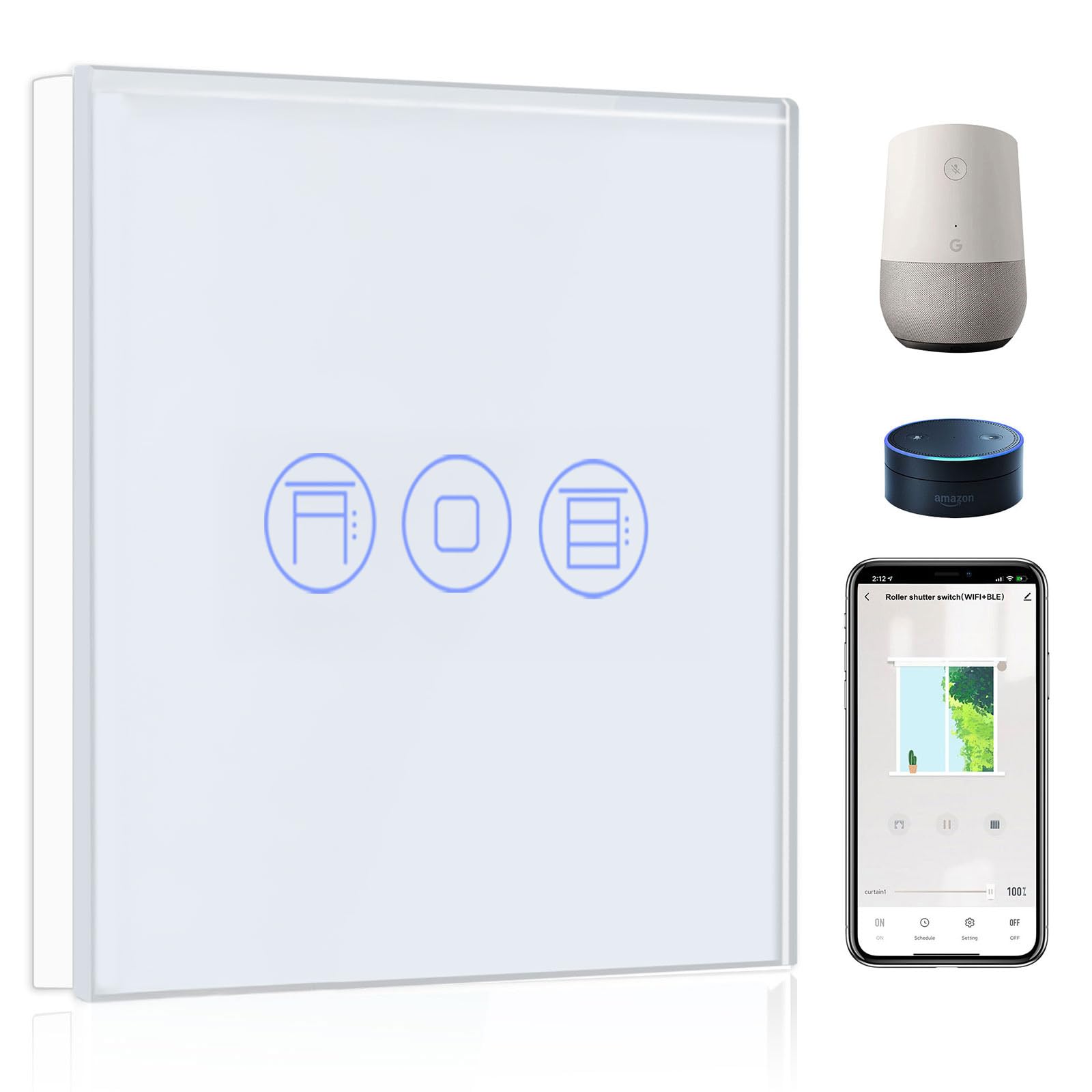 BSEED WiFi Smart Rolladenschalter, Fernbedienung und Timer-Funktion mit Smart Life/Tuya APP, arbeitet mit Alexa Echo und Google Home, WiFi Jalousieschalter mit Touch Panel Weiß