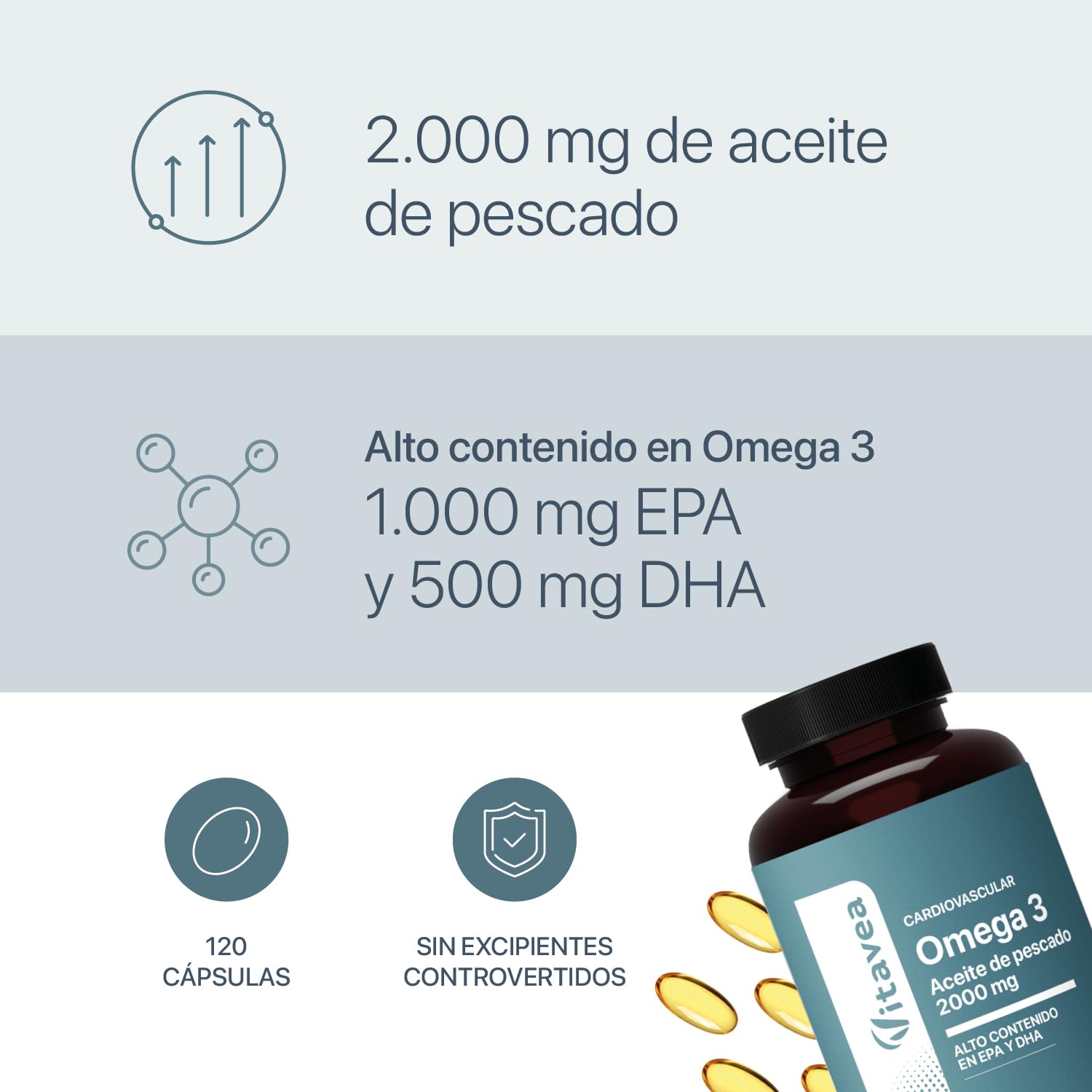 Omega 3 2000 mg Aceite de Pescado Puro – 120 Cápsulas (4 Meses) – 1000 mg EPA + 500 mg DHA – Alta Concentración – Salud Cardiovascular, Cerebral y Visual – Vitavea — view 2