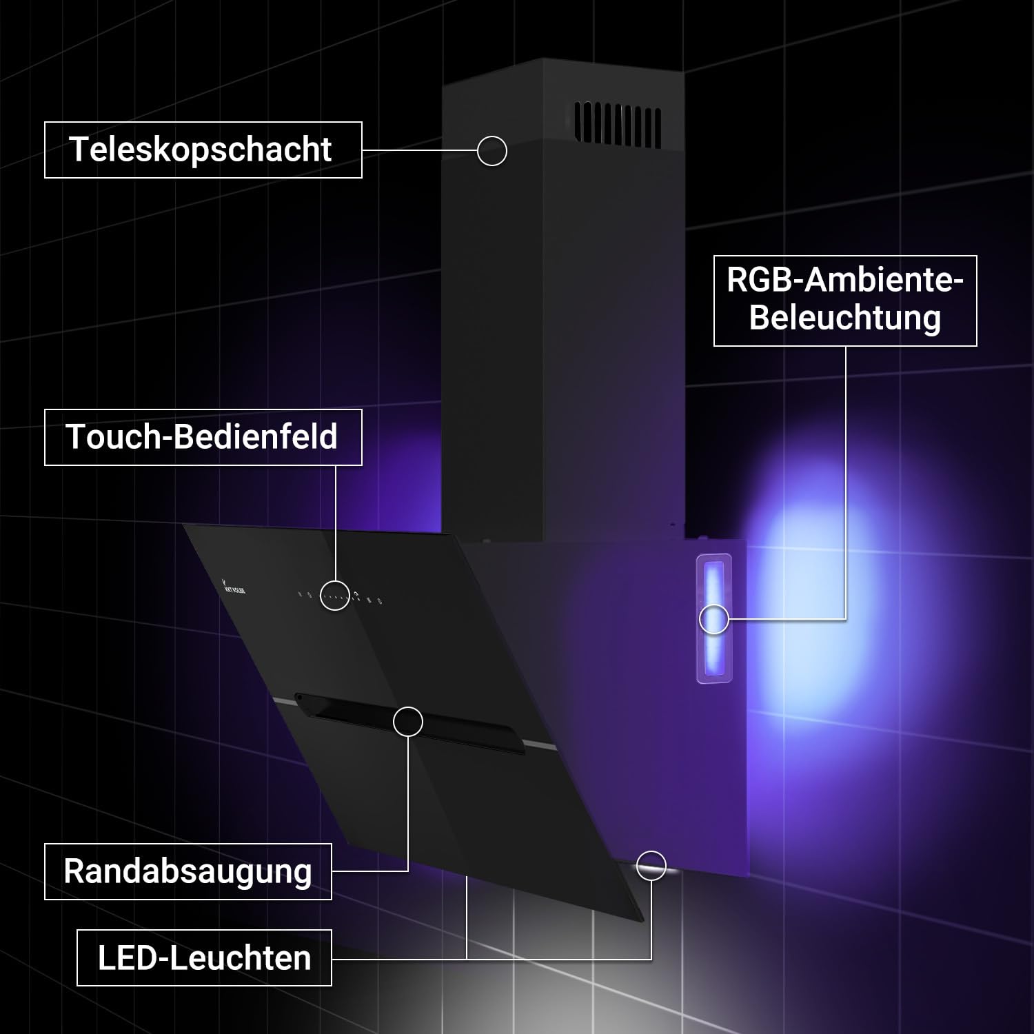 KKT KOLBE campana extractora de 60 cm | 782 m³/h Descarga de ingresos de urinación | Sin cabeza | Montado en pared | Vidrio negro | Smart WiFi App WLAN | Iluminación LED RGB | EC6005SM