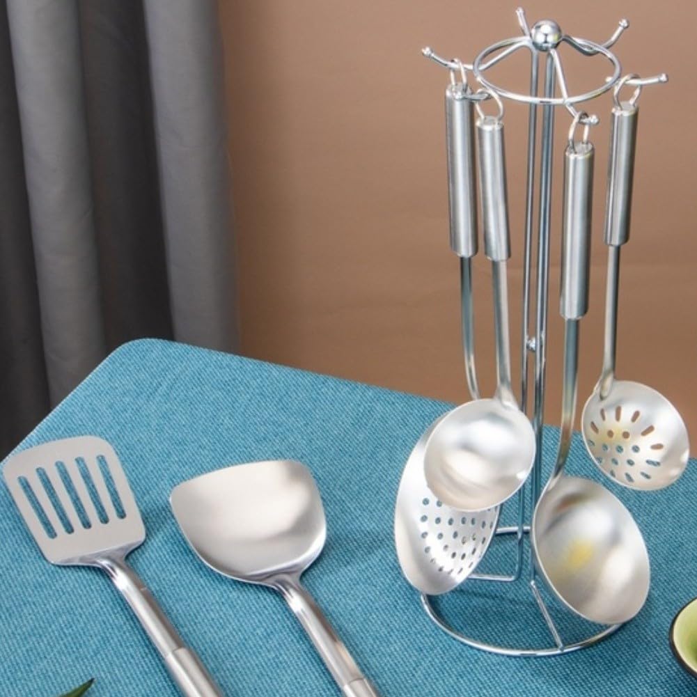 KiraKira 7-teiliges Küchenhelfer-Set aus Edelstahl, rutschfest, hitzebeständig, mit Halter, langlebiger 201 Stahlspatel und Schöpflöffel
