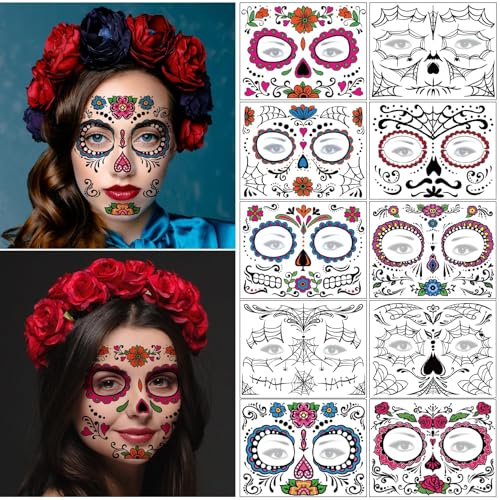 Day of the Dead Face Tattoos 10 Sheets - Halloween Temporary Tattoos Sticker Kit Da de Los Muertos Glitter Red Roses Skeleton Sugar Skull Fake Tattoo for Halloween Makeup on Face Body
