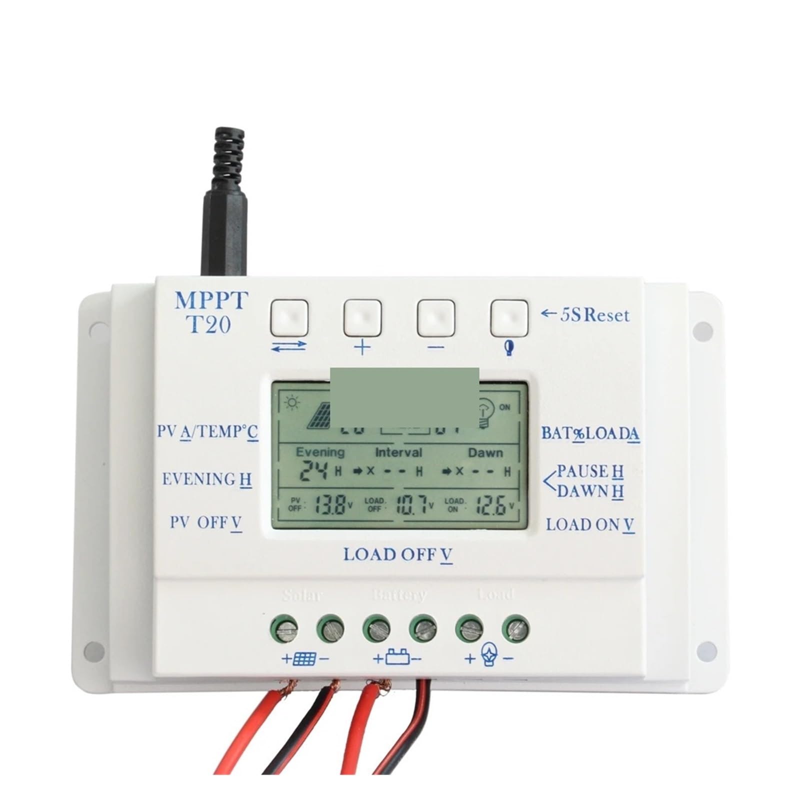 Kontroler ładowania słonecznego, Wyświetlacz LCD 20A MPPT 12 V/24 V Panel słoneczny regulator baterii kontroler ładowania dla systemu oświetleniowego obciążenie światła i sterowanie czasowe