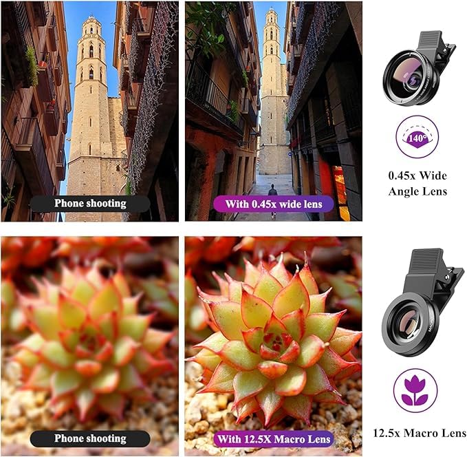 Image of TYROCX Phone Camera Lens, 2 in 1 Cell Phone Clip-on Lens Kit 0.45X Wide Angle Lens 140+ 12.5X Macro Lens Clip-on Phone Lens for All Smartphones
