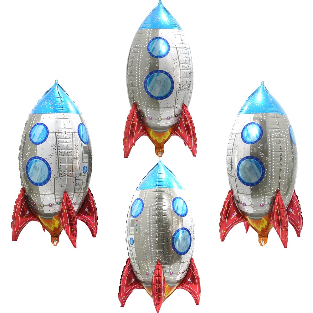 4D Big 28'' Selfstand Spacecraft Rocket Balloons Galaxy Themed Birthday Party Decor Kids Party Supplies, 4 Pack UFO Spaceman Astronaut Party