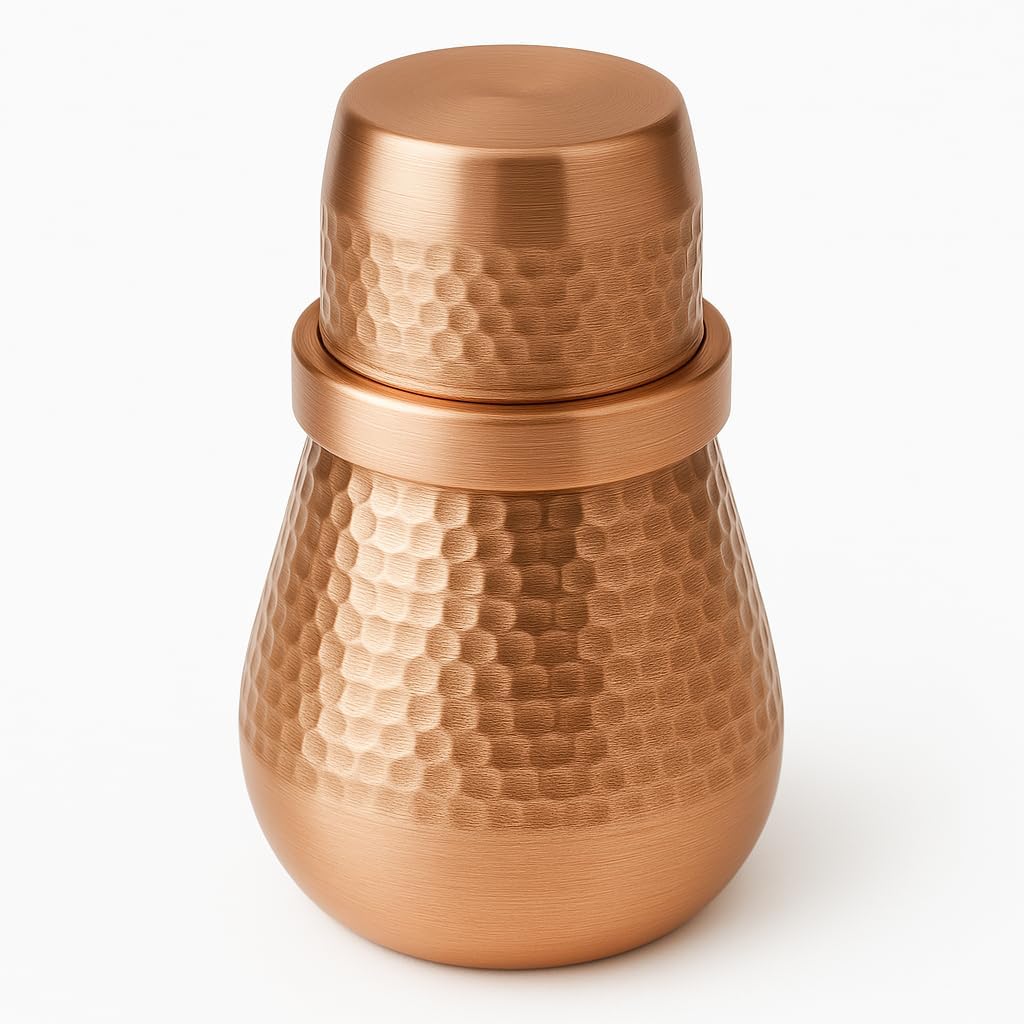 Pure Copper Bedside Water Carafe with Cup – 1 Liter (33.8 Oz) Hammered Copper Carafe Set for Tamra Jal – Ayurvedic Drinking Water Vessel for Daily Use