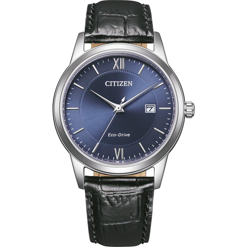 Citizen Eco-Drive Solar męski zegarek z czarnym skórzanym paskiem o wyglądzie krokodyla srebrny/niebieski AW1780-17L
