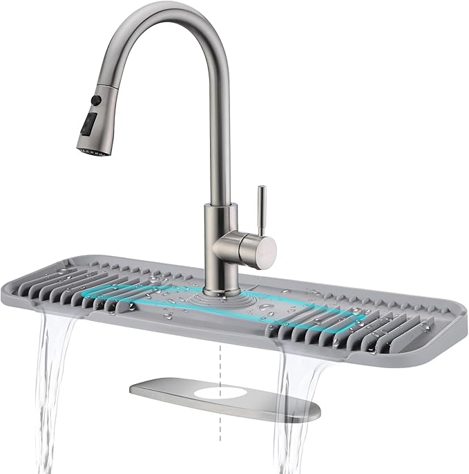 2nd Generation Silicone Faucet Mat, Kitchen Silicone Faucet Drip Catcher with Cuttable Circular Central for Kitchen Sink, Tailor-Made for Faucets with Deck Plate【Light Grey】