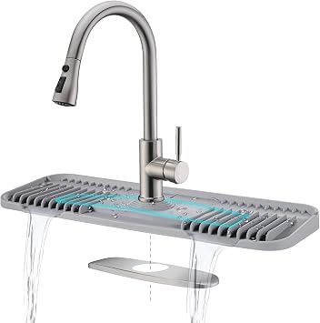 Kingmall 2nd Generation Silicone Faucet Mat, Kitchen Faucet Drip Catcher with Cuttable Circular Center for Kitchen Sink, Tailor-Made for Faucets with Deck Plate, Food Grade Silicone, Light Grey
