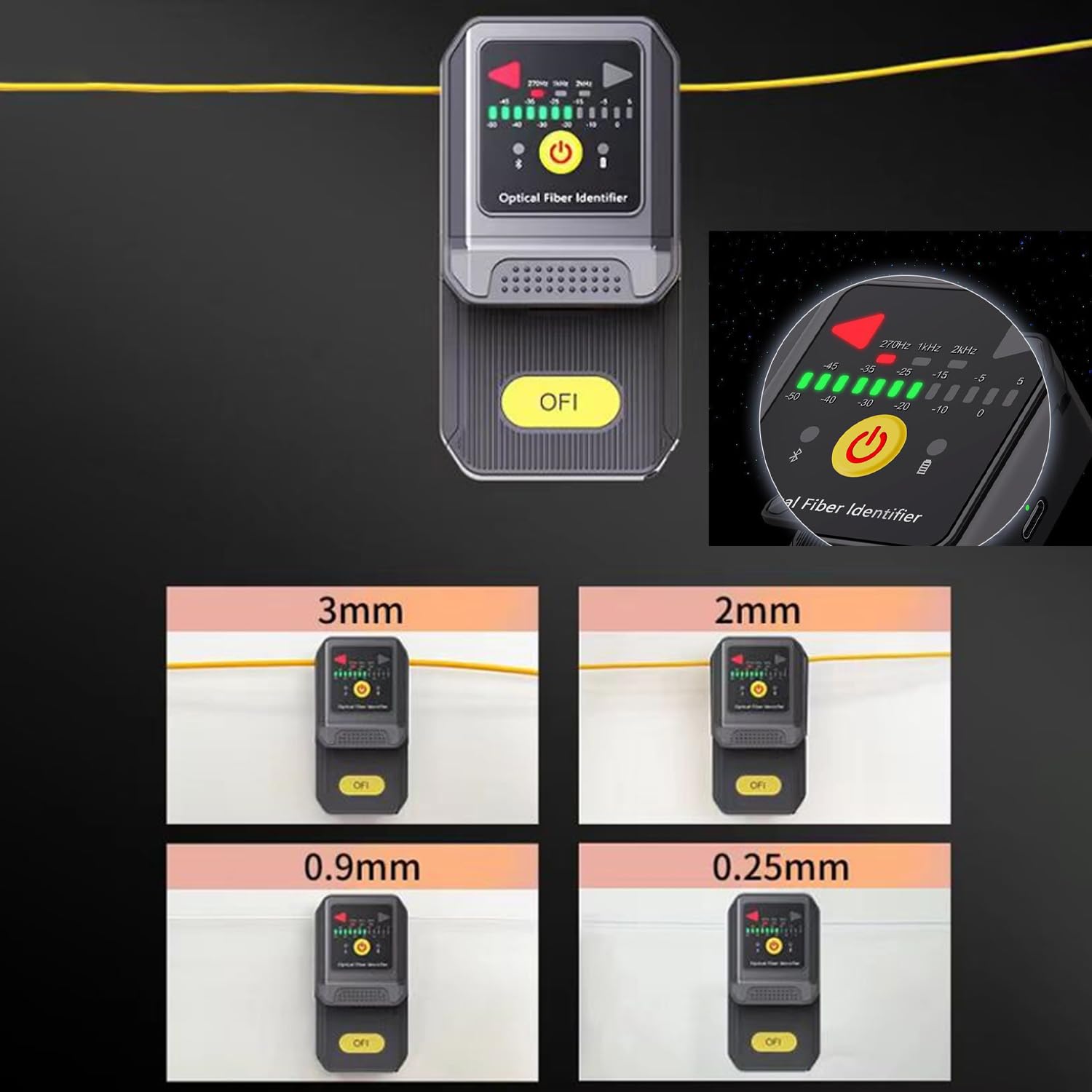 Elfcam - Identificateur de Fibre Optique FTTH,Détecteur de Fibre Active 1310/1490/1550 nm avec Indicateur de Direction du Signal,Compatible 250µm 900µm 2.0mm 3.0mm,Compatible avec la charge USB-C