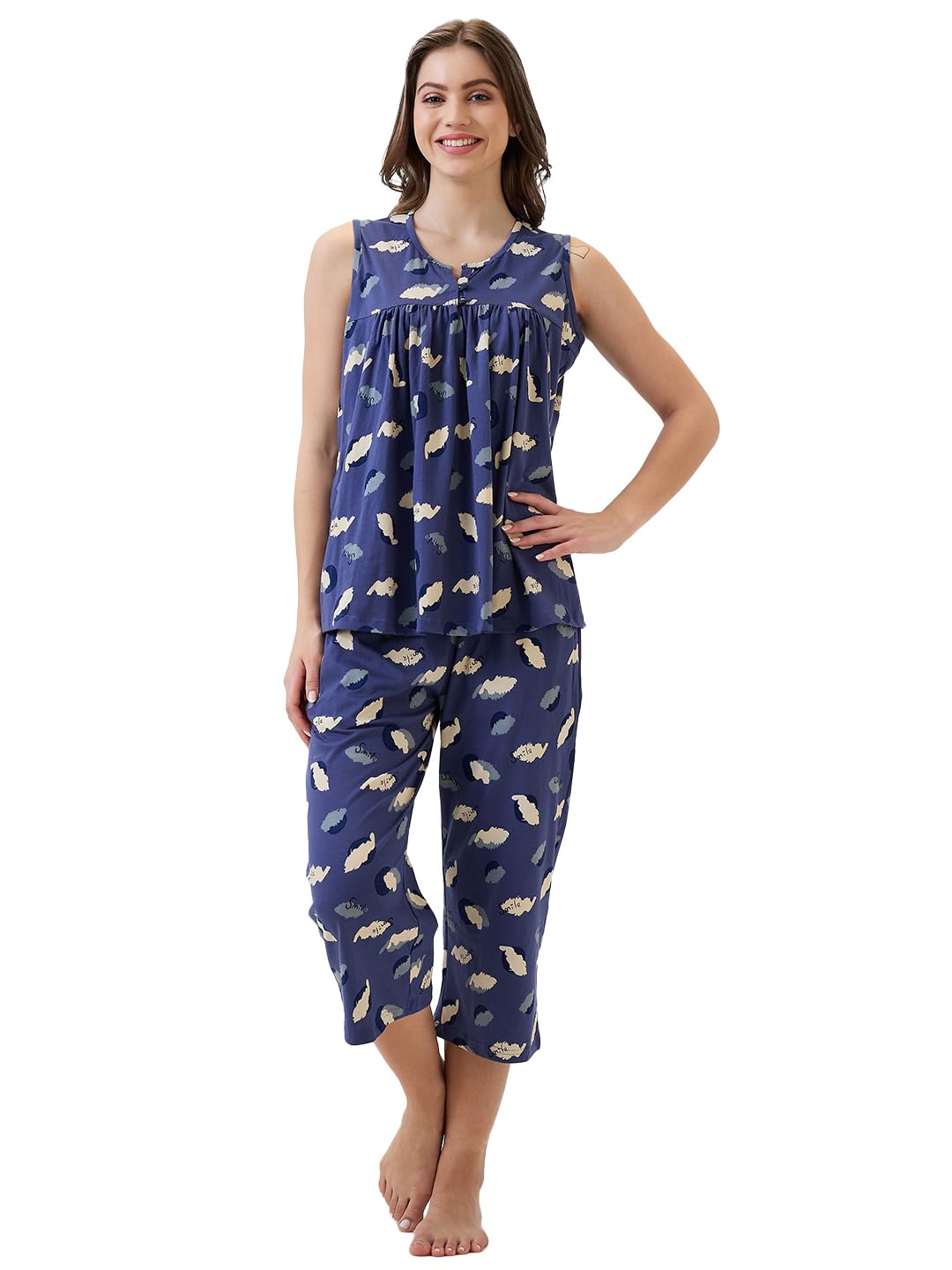 av2 Women's Cotton Printed Round Neck Sleeveless Nightsuit Set | Capri Set | Casual Night Dress for Women Blue Large 2890-picture-28
