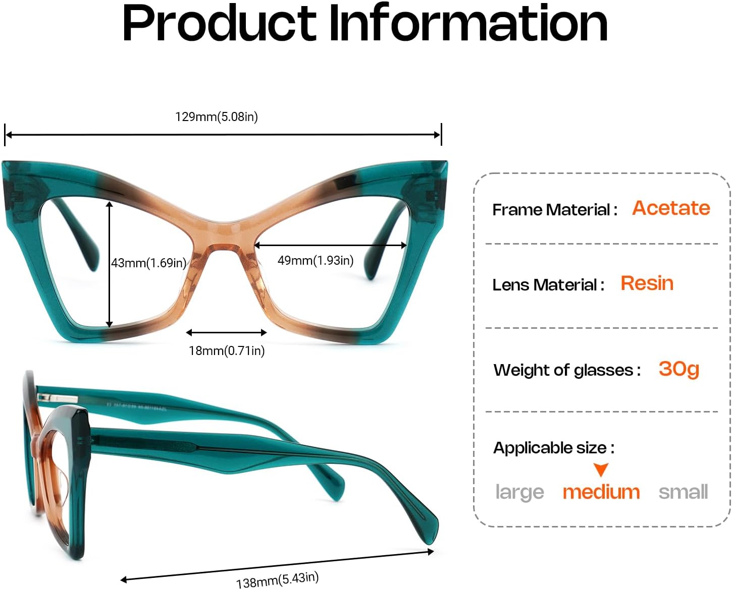 VOOGLAM Cat Eye Spring Hinge Women's Non-Prescription Glasses with HD Clear Lenses in Two-Tone Fine Flash Acetate Frame