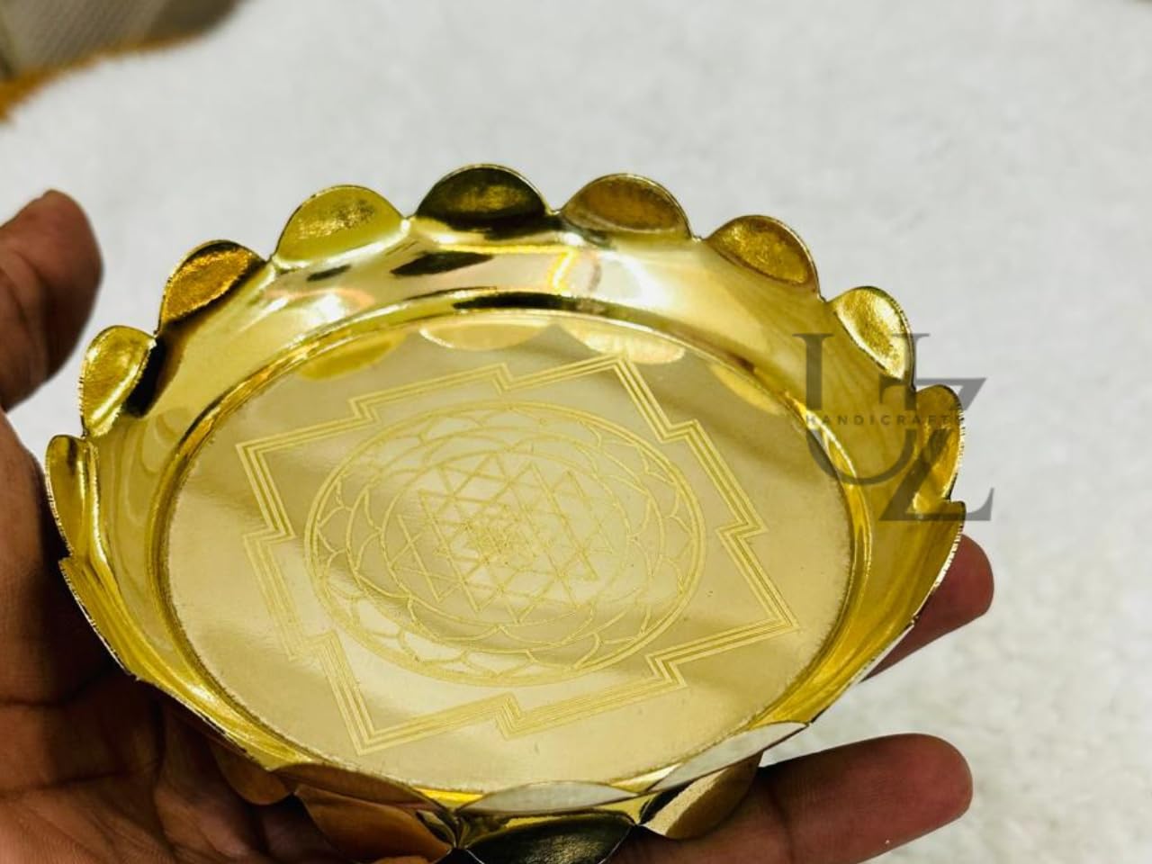 4 Inch Brass Lotus Plate for Pooja | Decorative Brass Urli Bowl with Sri Yantra Engraving | Gold Finish Puja Plate | Diwali Decor, Home Temple, Floating Flowers & Tealight Holder-image-15