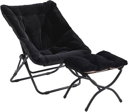 Cómoda silla plegable con otomana, silla plegable de piel sintética de gran tamaño, silla suave y peluda con marco de metal, silla de luna para